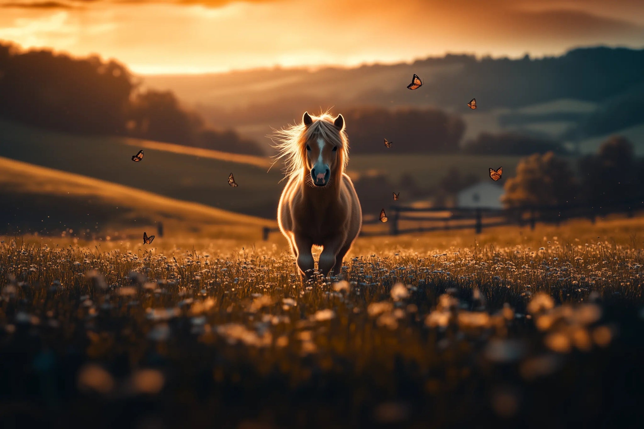 Märchenhafte Idylle – Pferdebild mit Shetlandpony im Abendlicht | Dein Wandbild - Dein Wandbild
