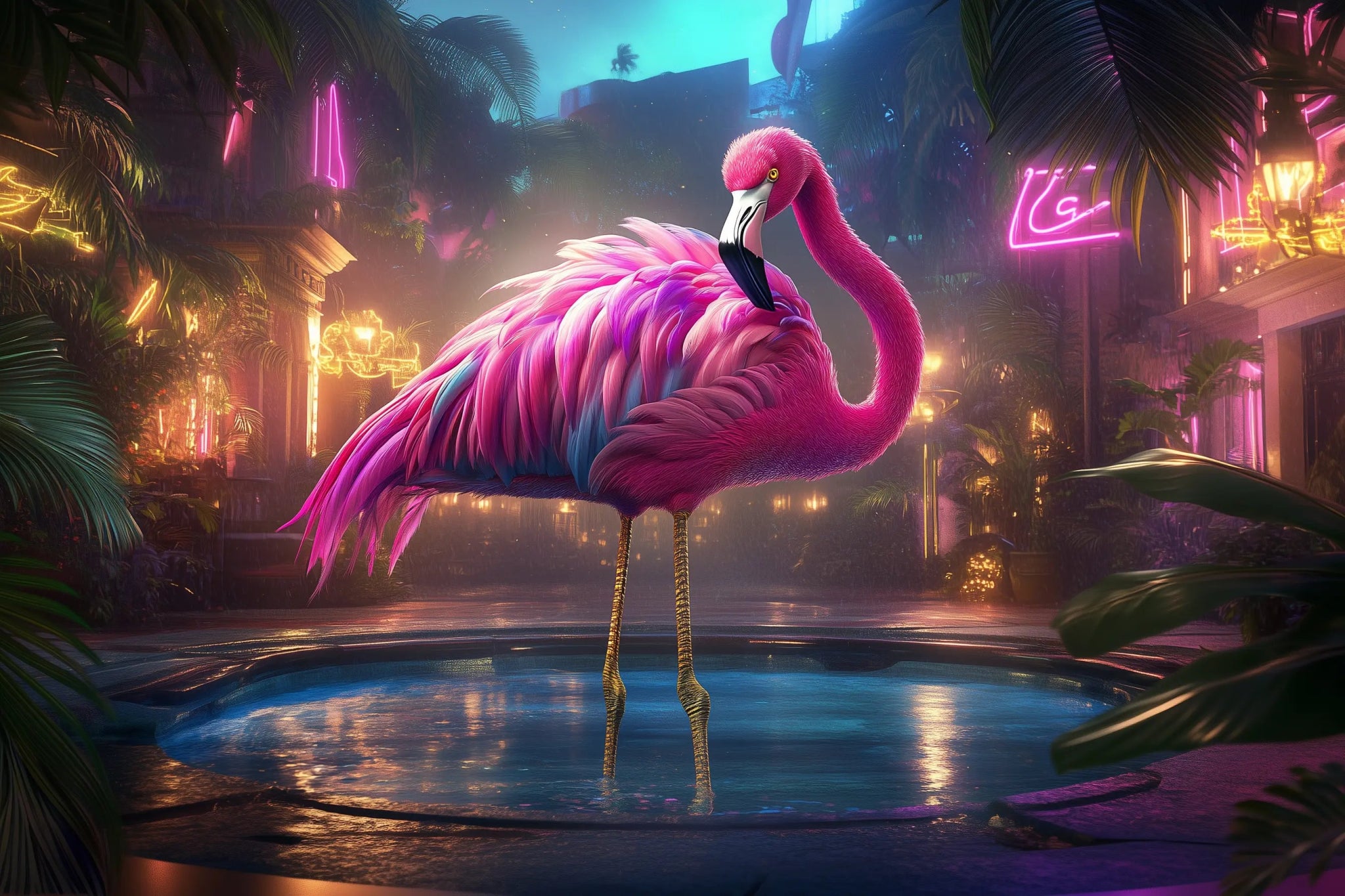 Neon Flamingo – Exotische Eleganz in Miami Nights als stilvoller Kunstdruck | Dein Wandbild - Dein Wandbild