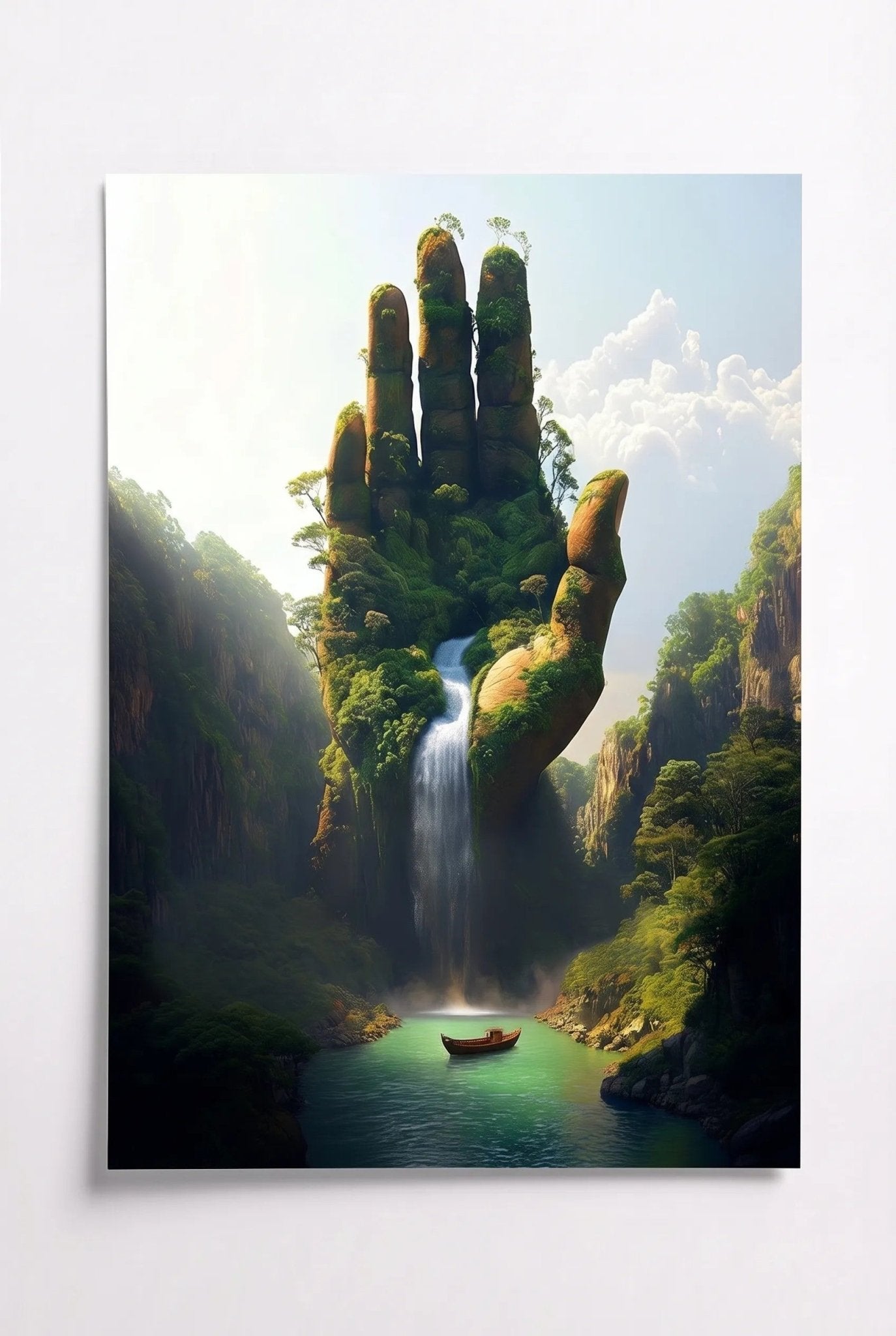 Riesige Hand aus Felsen mit Wasserfall – Natur-Surreal - Dein Wandbild