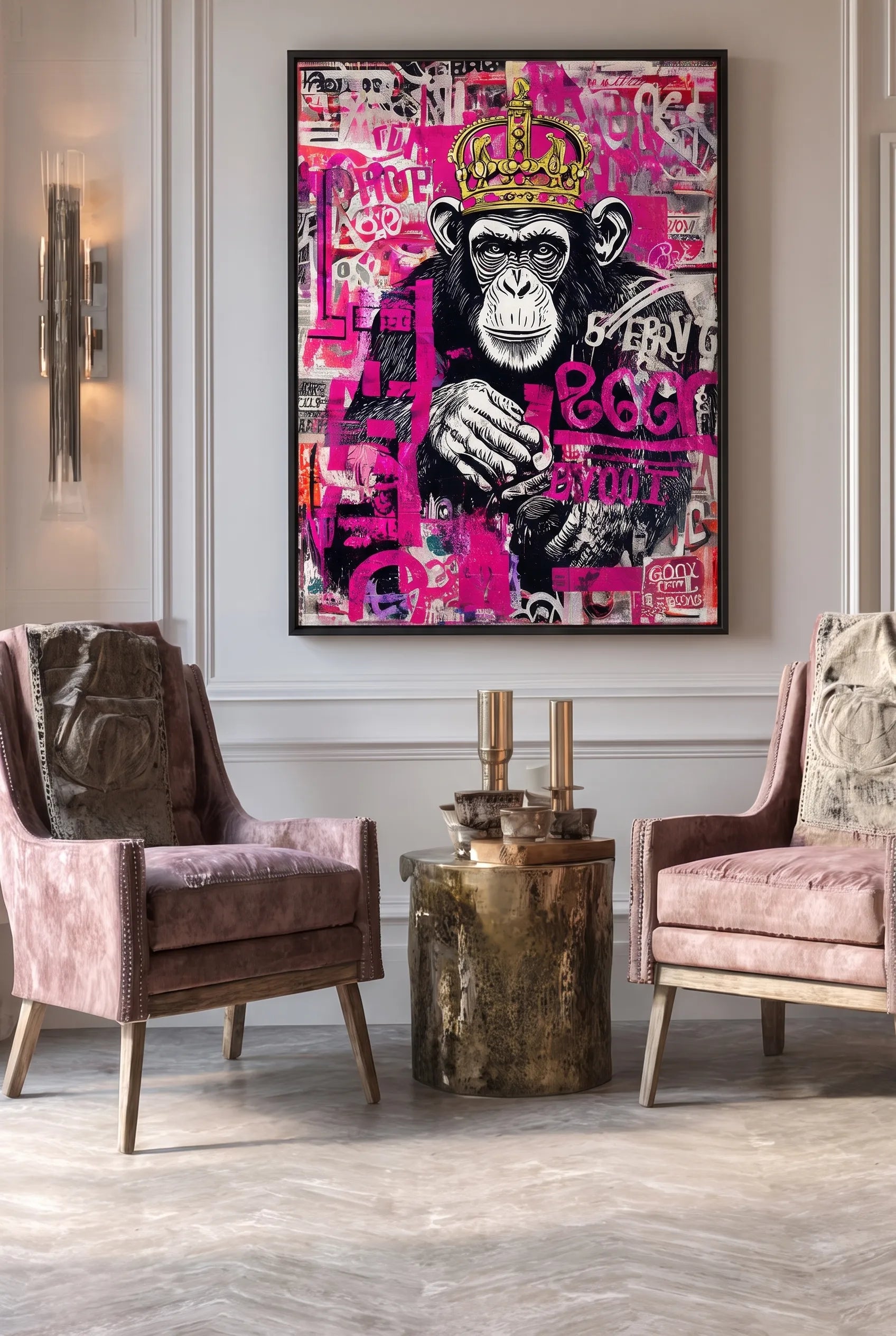Schimpanse mit Krone Graffiti Pop Art Pink Wandbild - Dein Wandbild