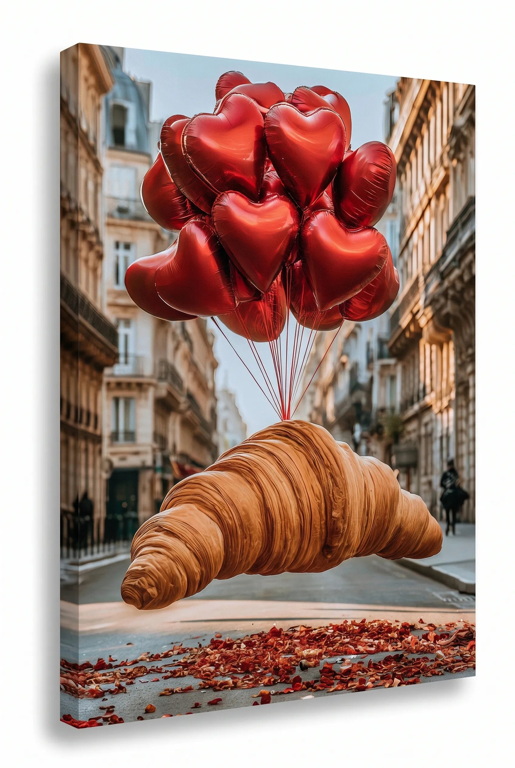 Schwebendes Croissant mit Herzballons Rosenblätter Wandbild - Dein Wandbild
