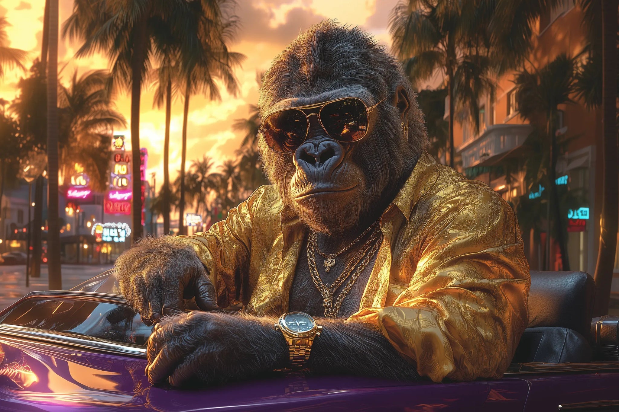 Sunset Don: Der goldene G Ape von South Beach | Premium Wandbild - Dein Wandbild