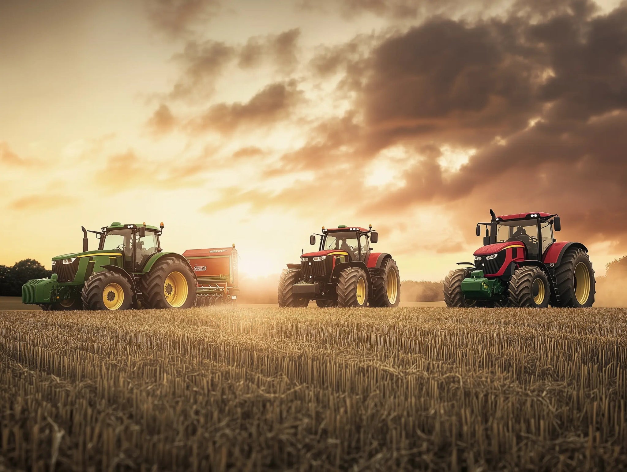 Trio der Technik – Drei Traktoren im Abendglanz - Dein Wandbild