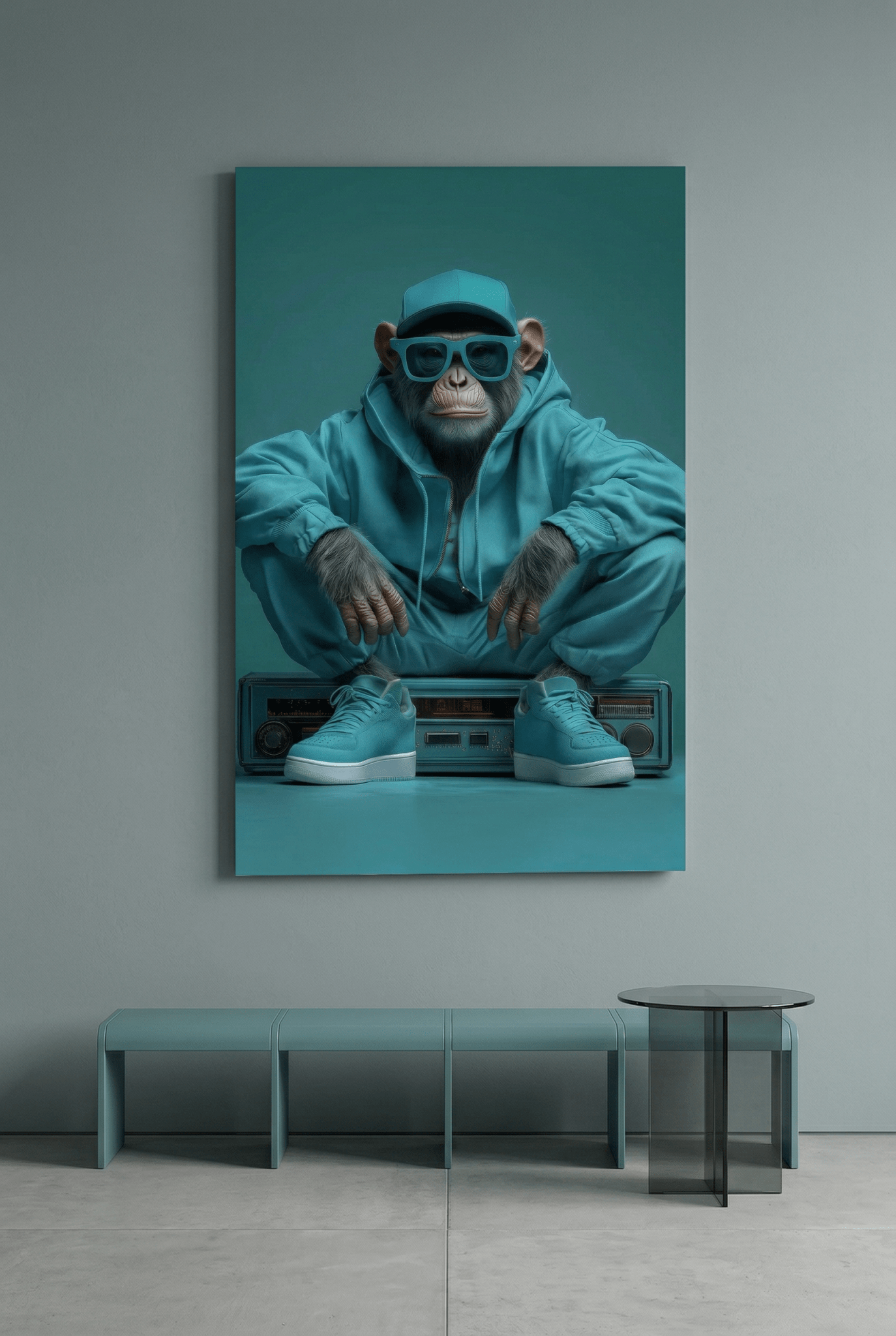Urban Jungle – Der Streetwear - Affe in Cyan | Dein Wandbild - Dein Wandbild
