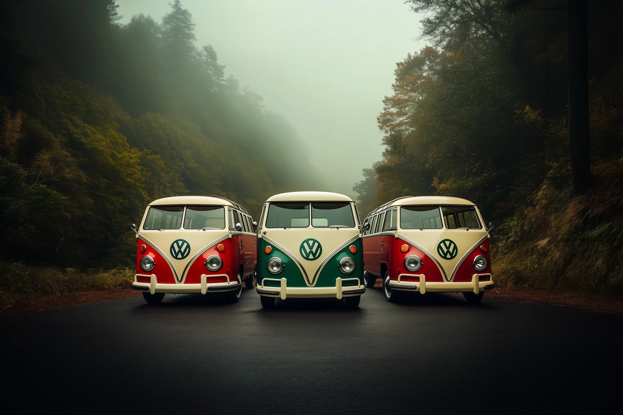 VW Bulli T1 – Drei Legenden im Nebelwald | Dein Wandbild - Dein Wandbild