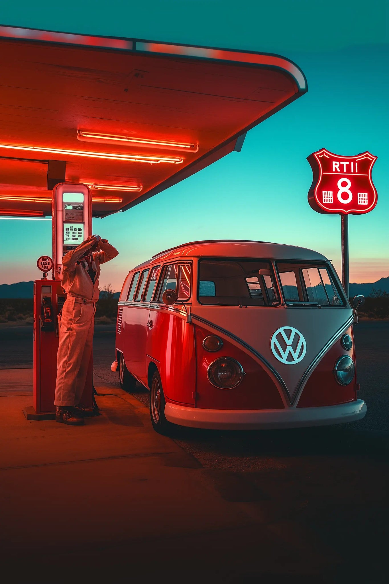 VW Bulli T1 – Nostalgie an der Retro - Tankstelle | Dein Wandbild - Dein Wandbild