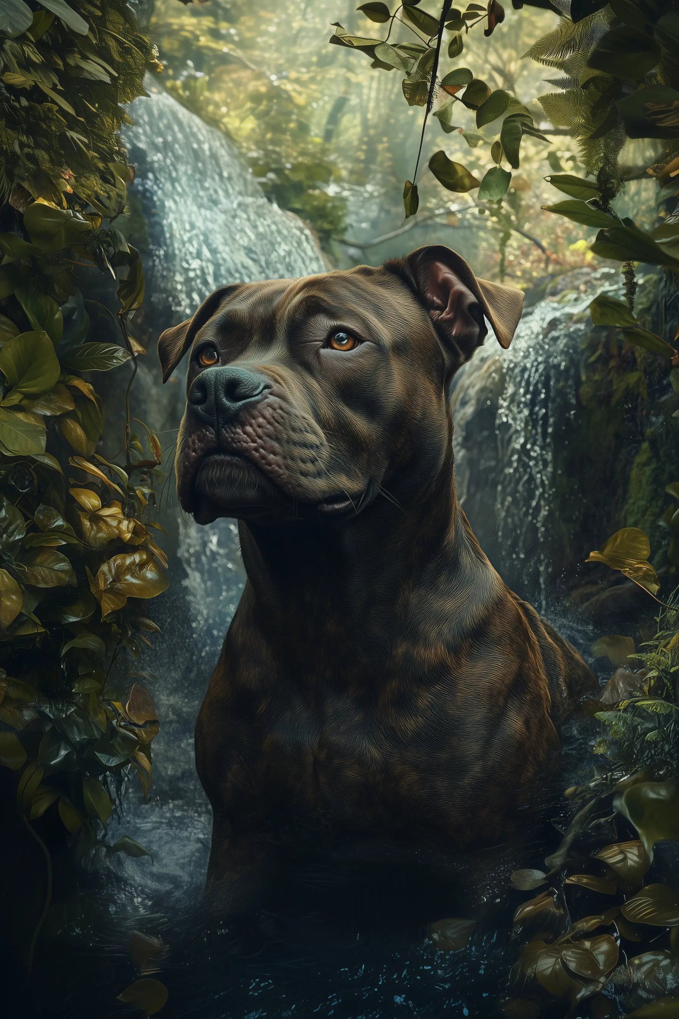 Wächter des Wasserfalls – Majestätischer Pitbull in der Natur | Dein Wandbild - Dein Wandbild