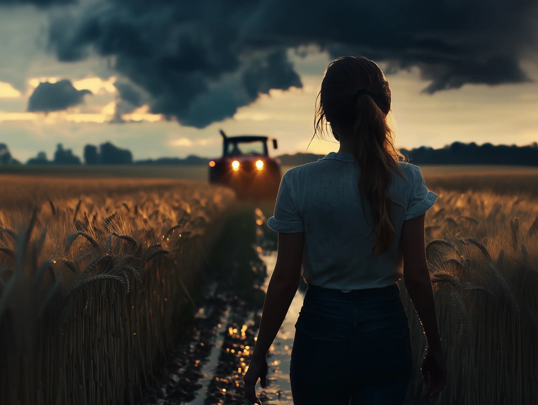 Zwischen Sturm und Stärke – Frau & Traktor im Feld - Dein Wandbild