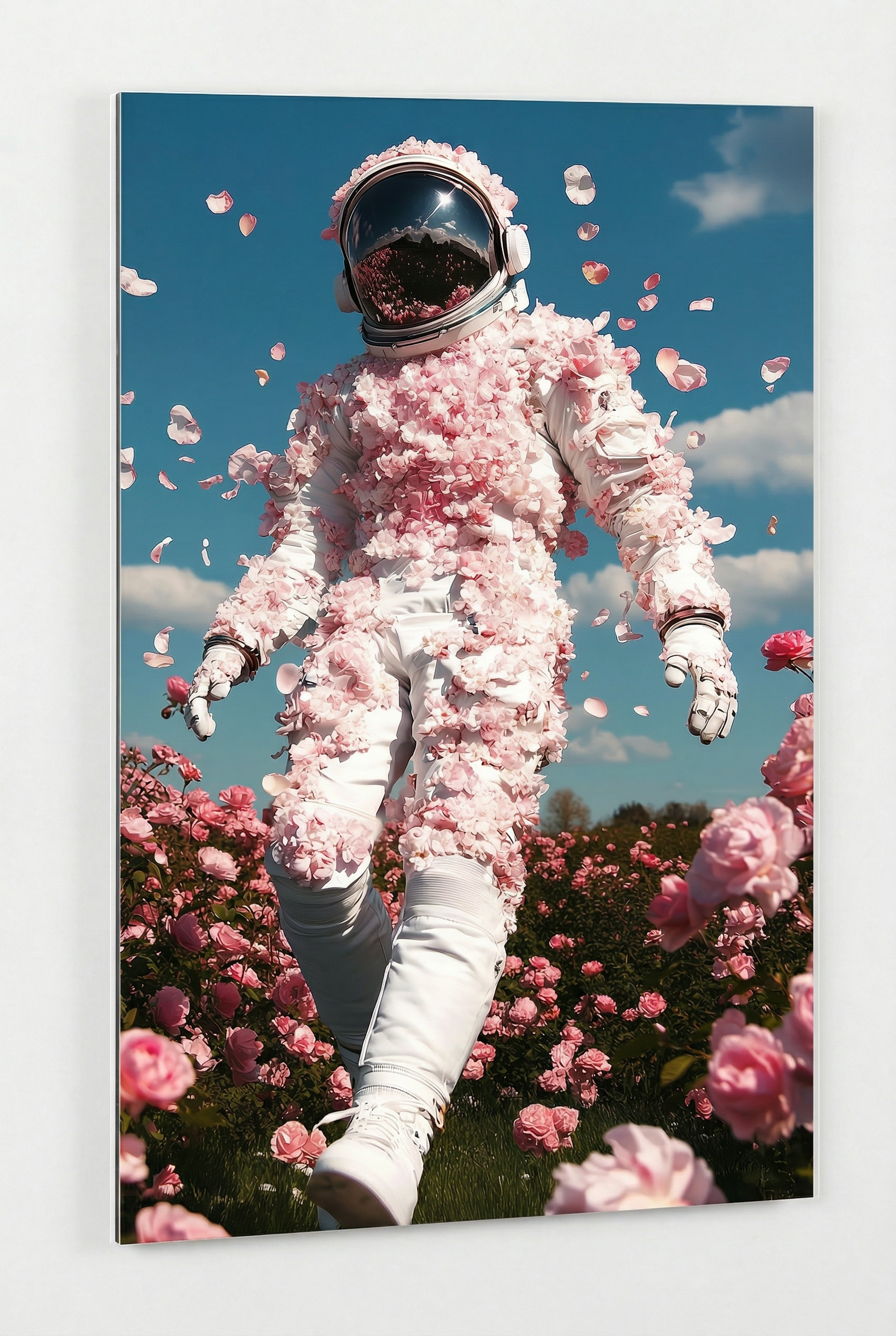 Astronaut im Rosenfeld – Rosa Blüten & blauer Himmel