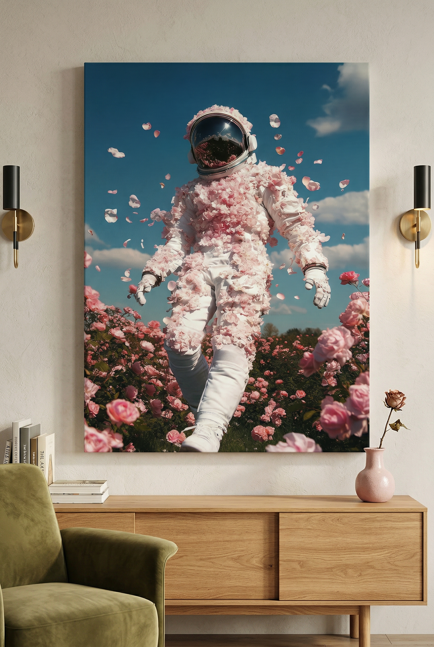 Astronaut im Rosenfeld – Rosa Blüten & blauer Himmel