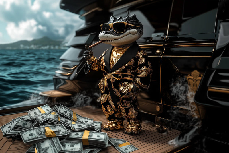 G Croko – Anzug auf Yacht-Deck mit Dollars