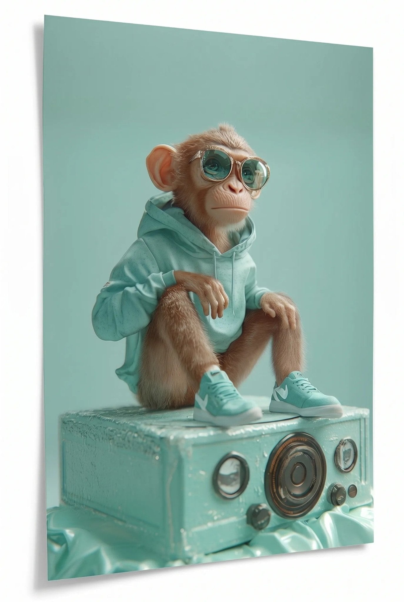 Affe in Mintgrün auf Ghettoblaster – Retro Cool - Dein Wandbild