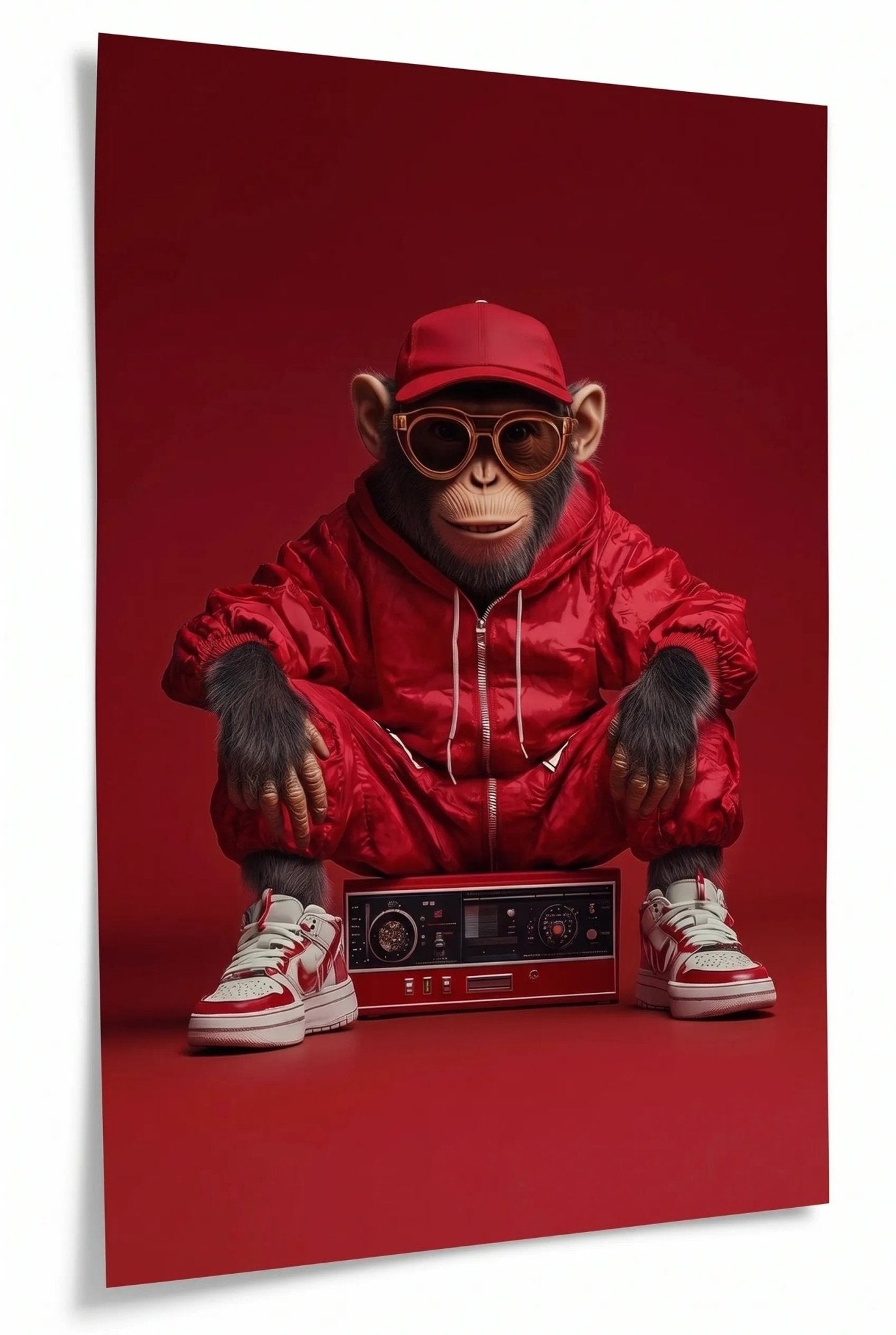 Affe in rotem Hoodie mit Ghettoblaster – Supreme - Dein Wandbild