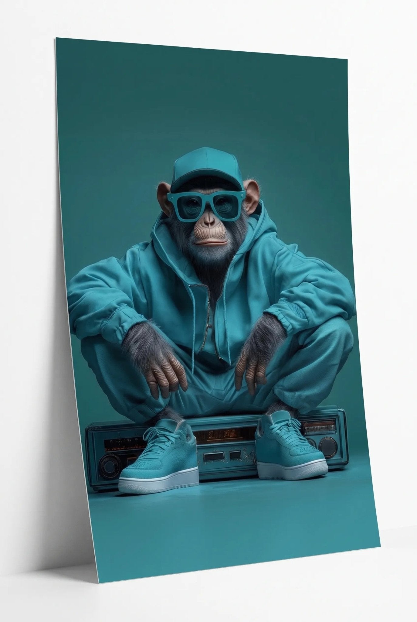 Affe in Türkis-Outfit auf Ghettoblaster - Dein Wandbild