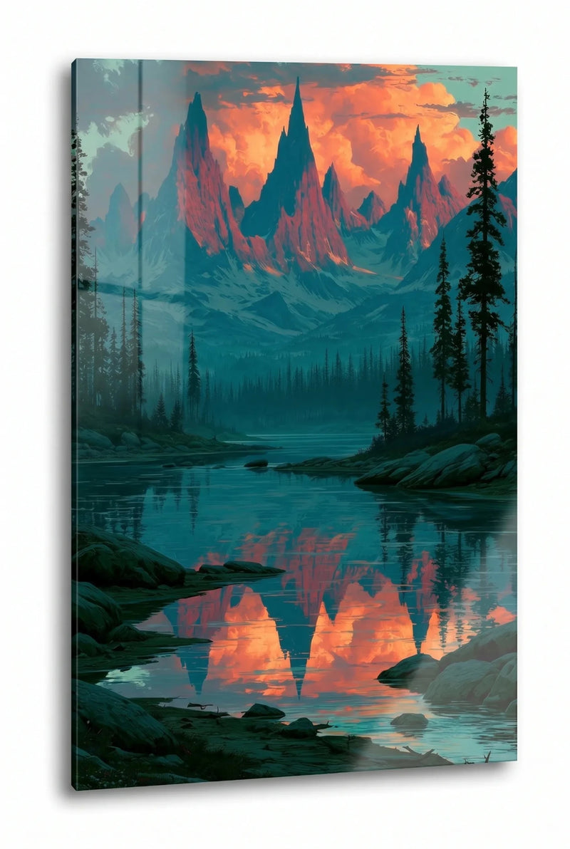 Alpen Gebirgssee Spiegelung Sonnenuntergang Illustration Wandbild - Dein Wandbild