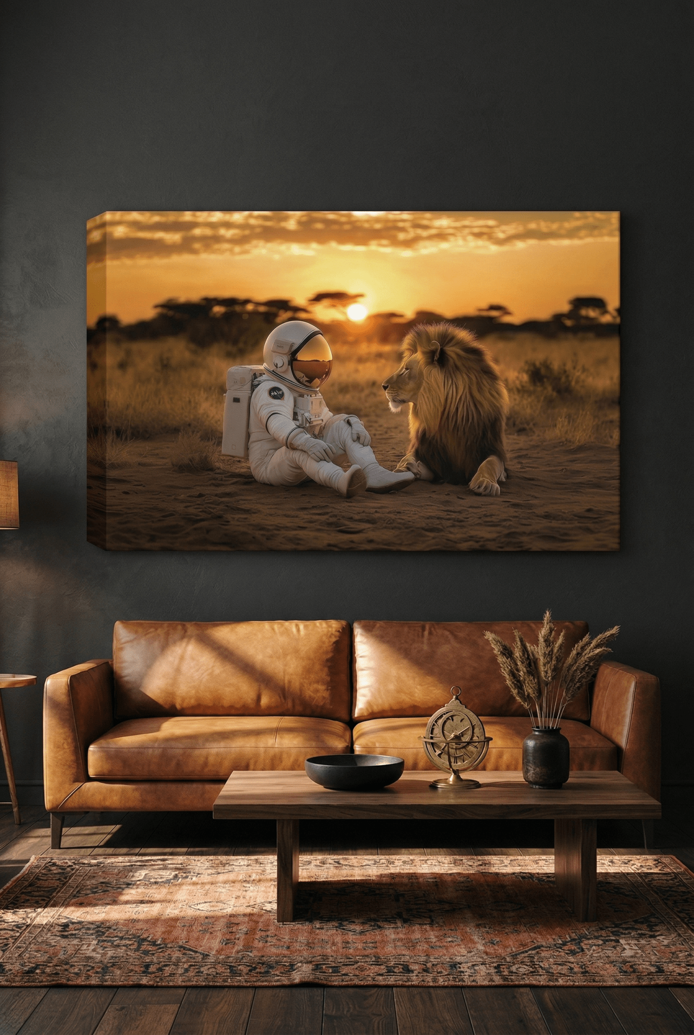 Astronaut & Löwe bei Sonnenuntergang in der Savanne - Dein Wandbild