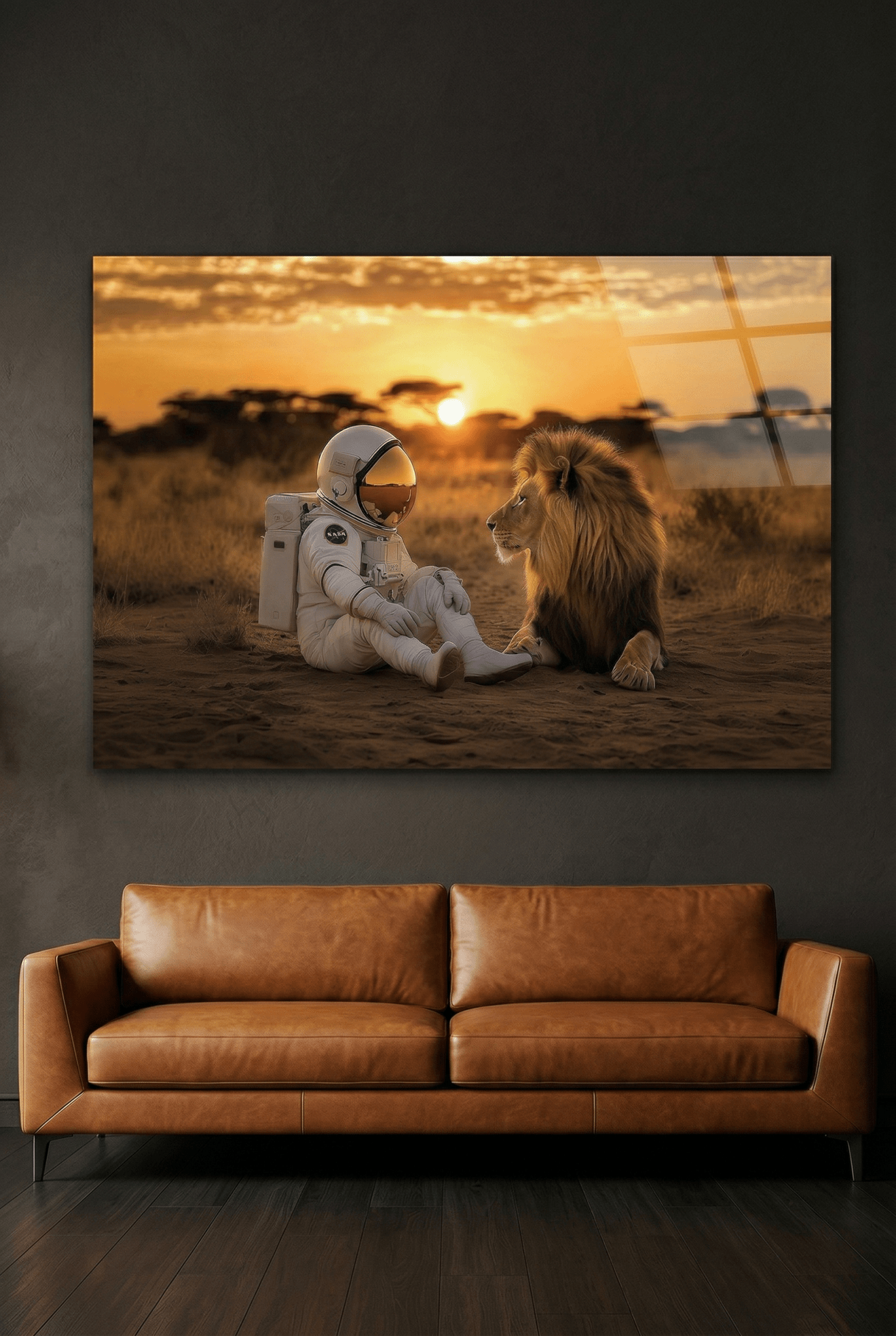 Astronaut & Löwe bei Sonnenuntergang in der Savanne - Dein Wandbild