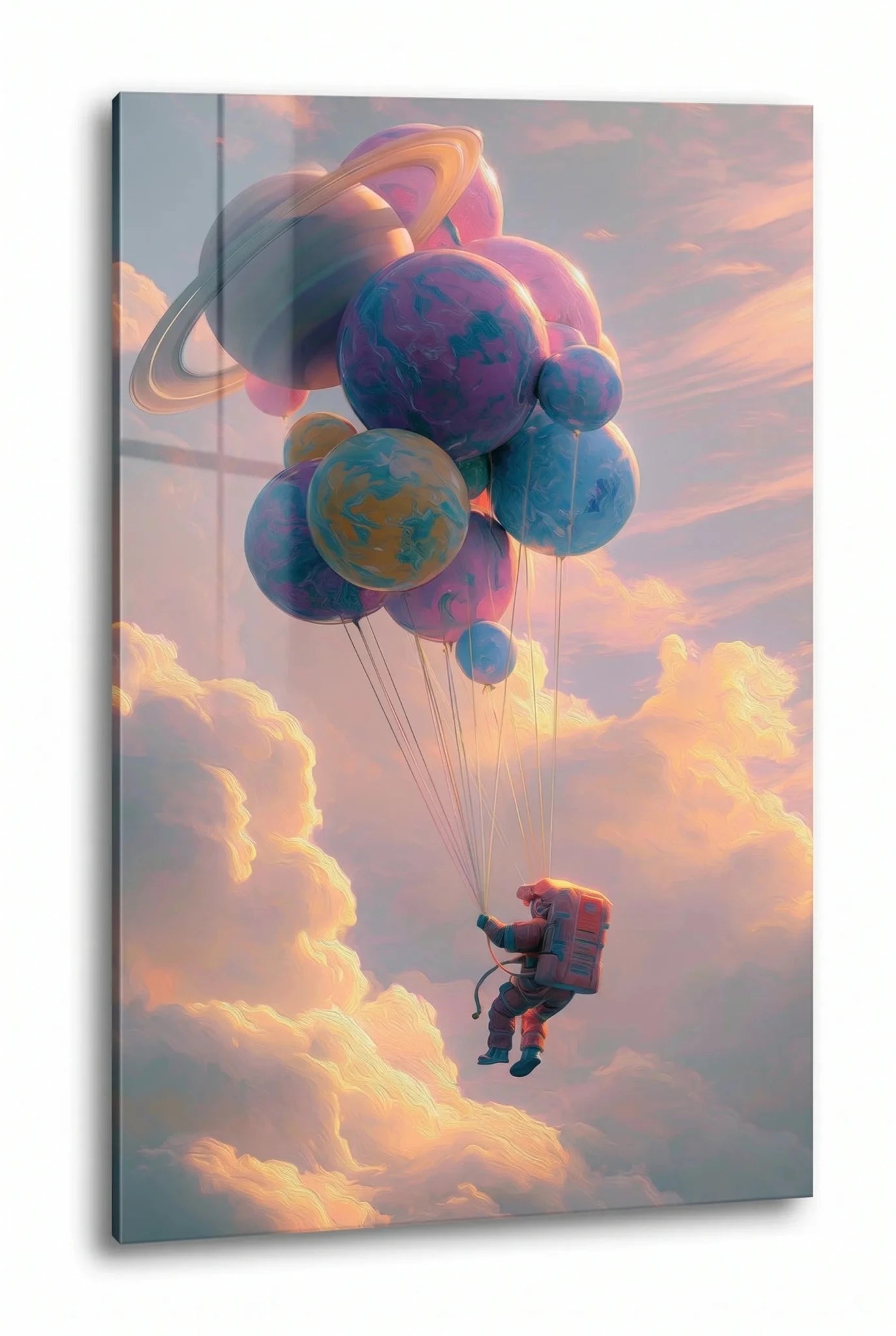 Astronaut mit Planeten Ballons über Wolken Wandbild - Dein Wandbild