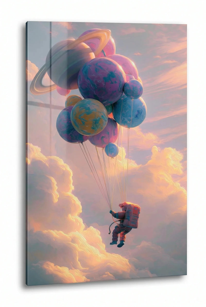 Astronaut mit Planeten Ballons über Wolken Wandbild - Dein Wandbild