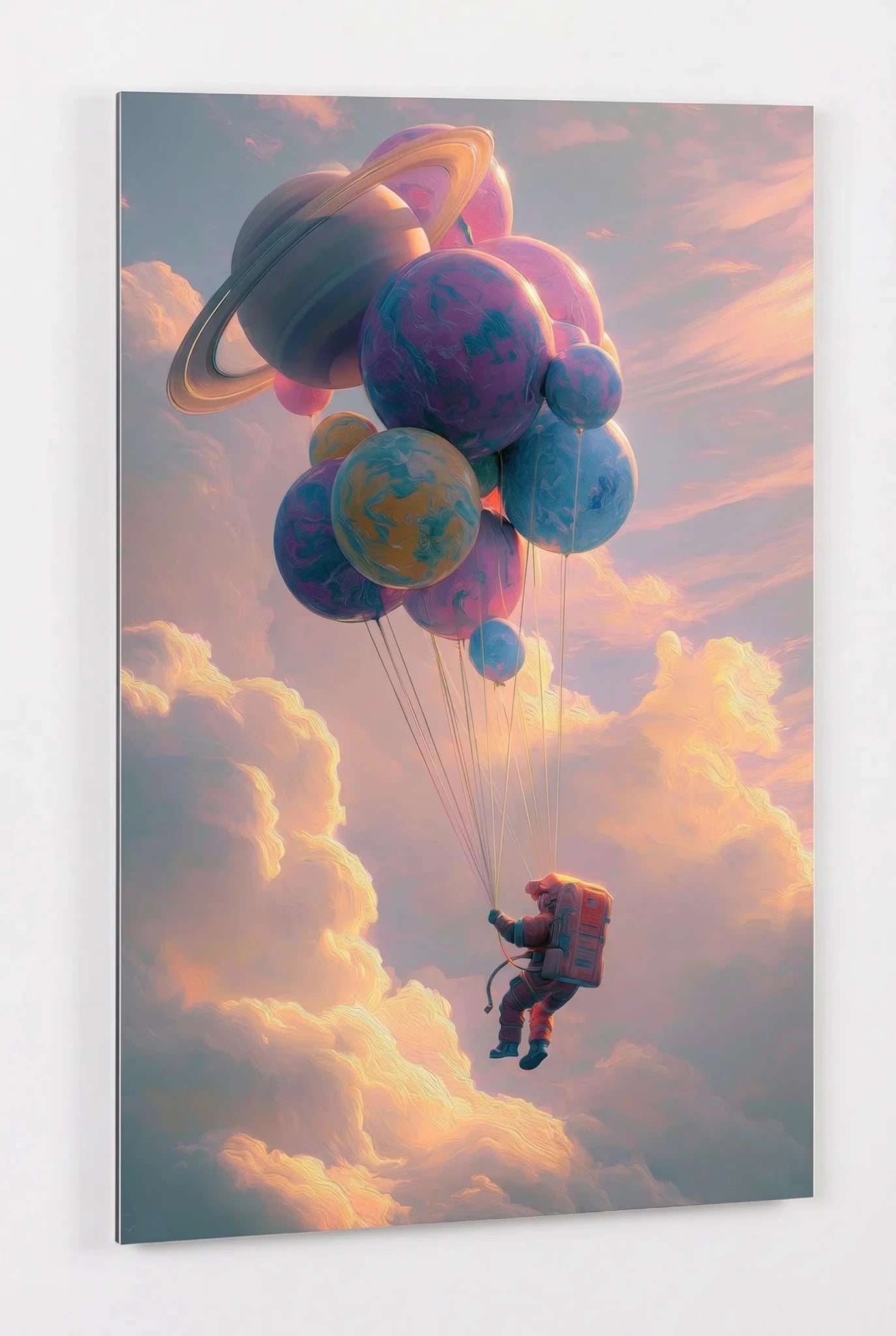 Astronaut mit Planeten Ballons über Wolken Wandbild - Dein Wandbild