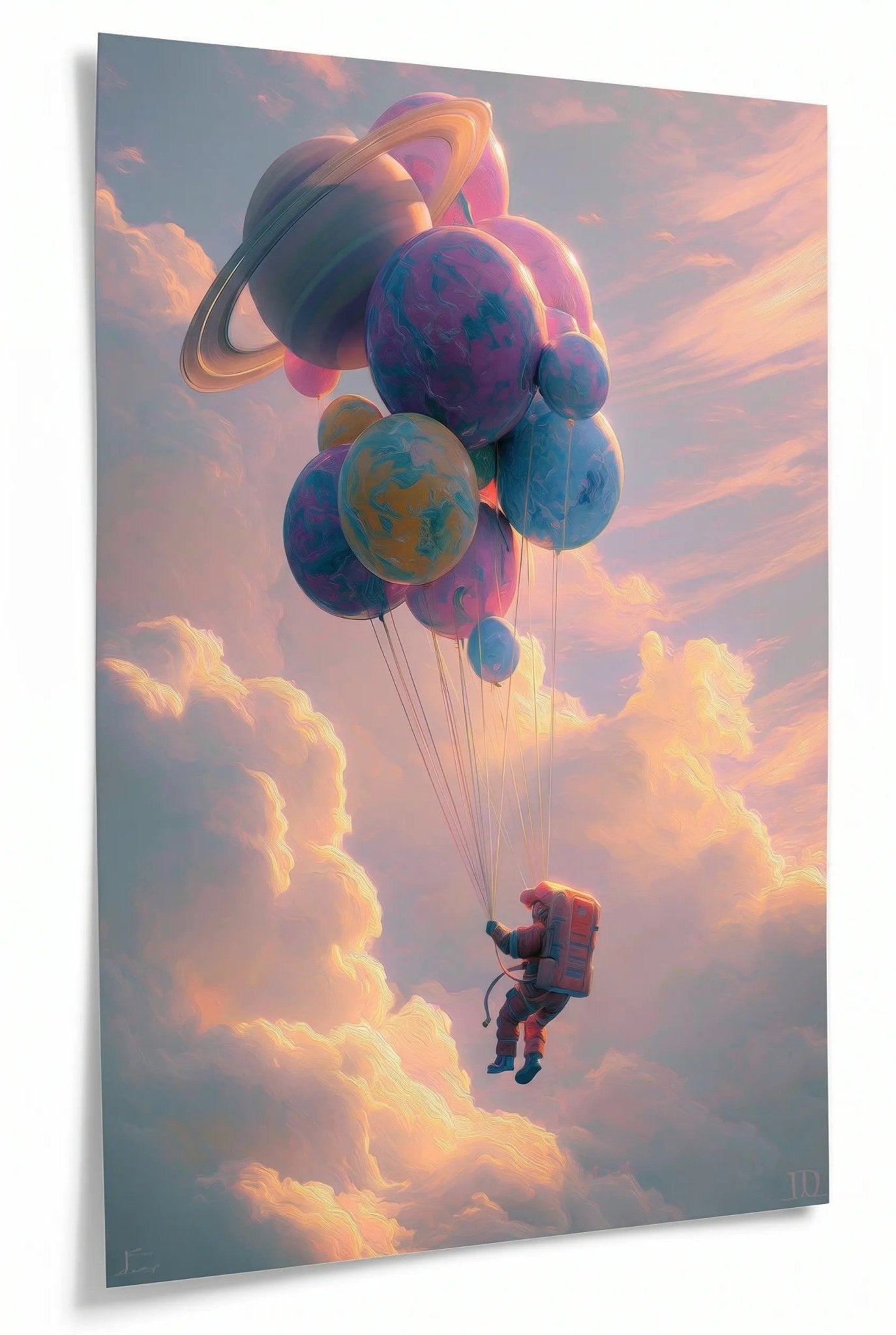 Astronaut mit Planeten Ballons über Wolken Wandbild - Dein Wandbild