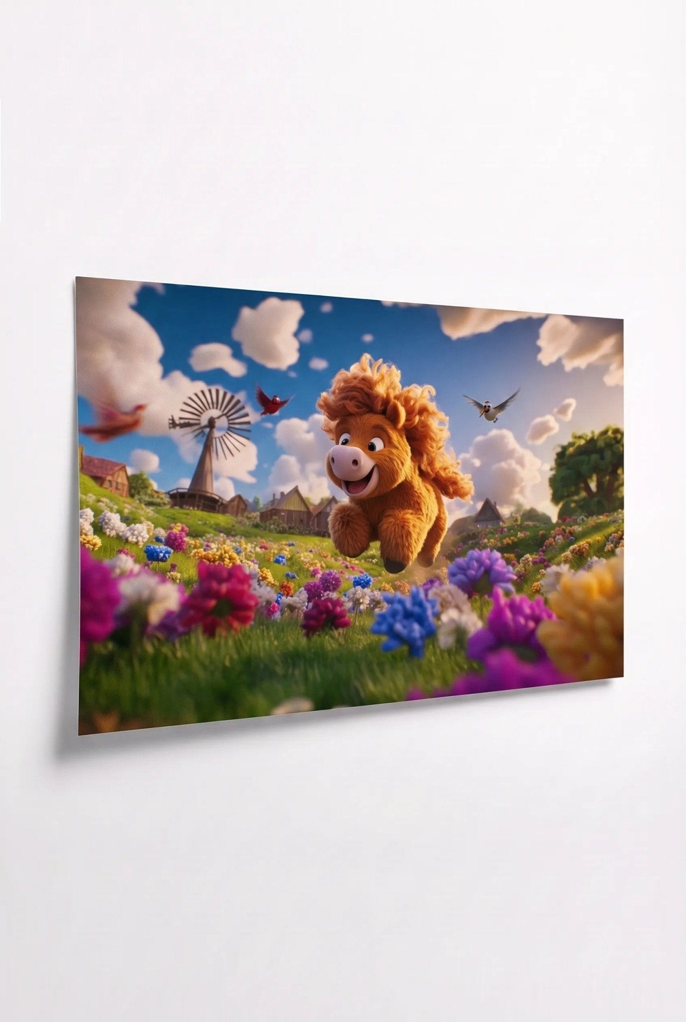 Braunes Cartoon-Pony auf Blumenwiese – 3D Kinderbild - Dein Wandbild
