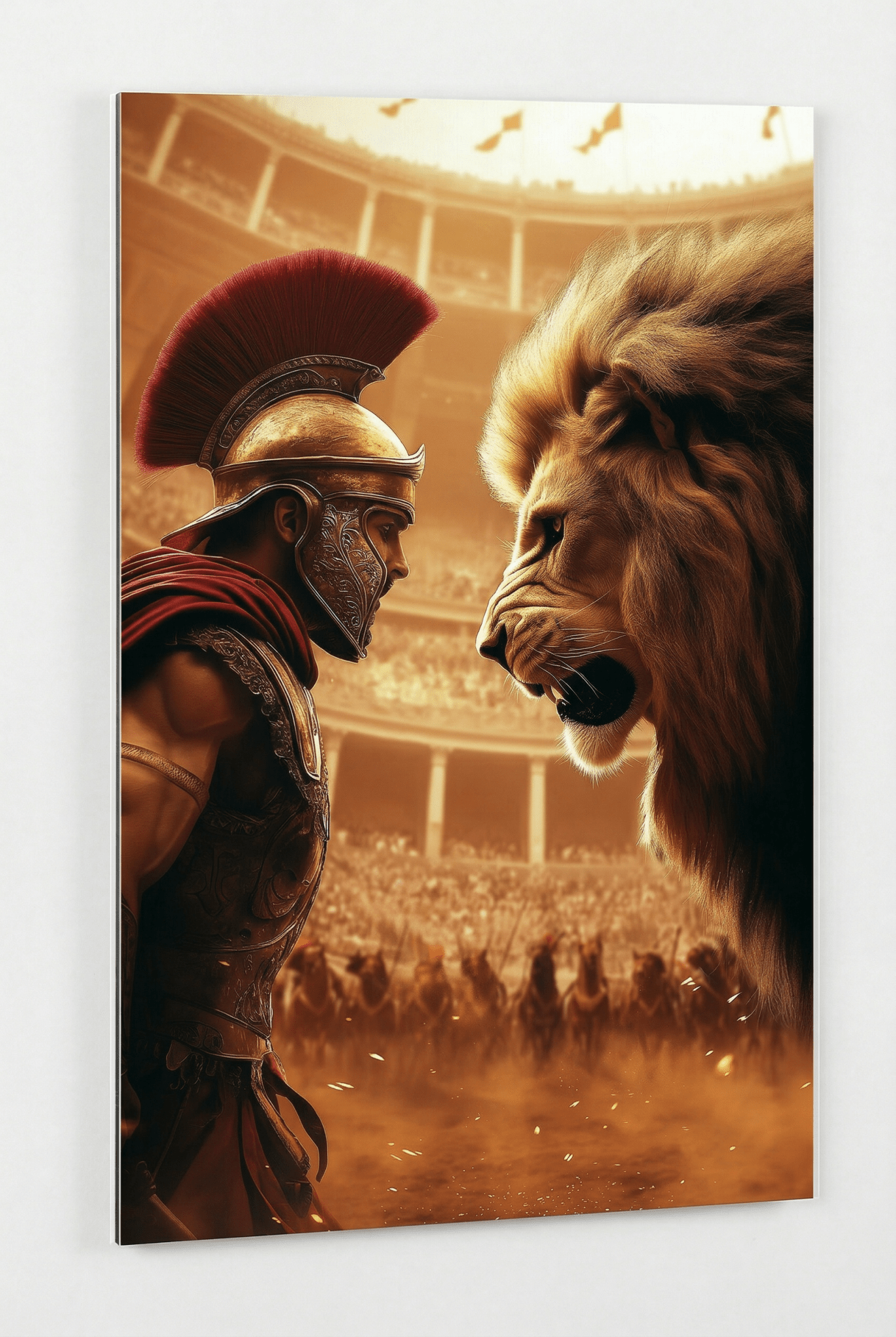 Der epische Showdown – Gladiator gegen Löwe in der Arena | Hochwertiges Wandbild für stilvolle Wohnzimmer - Dein Wandbild