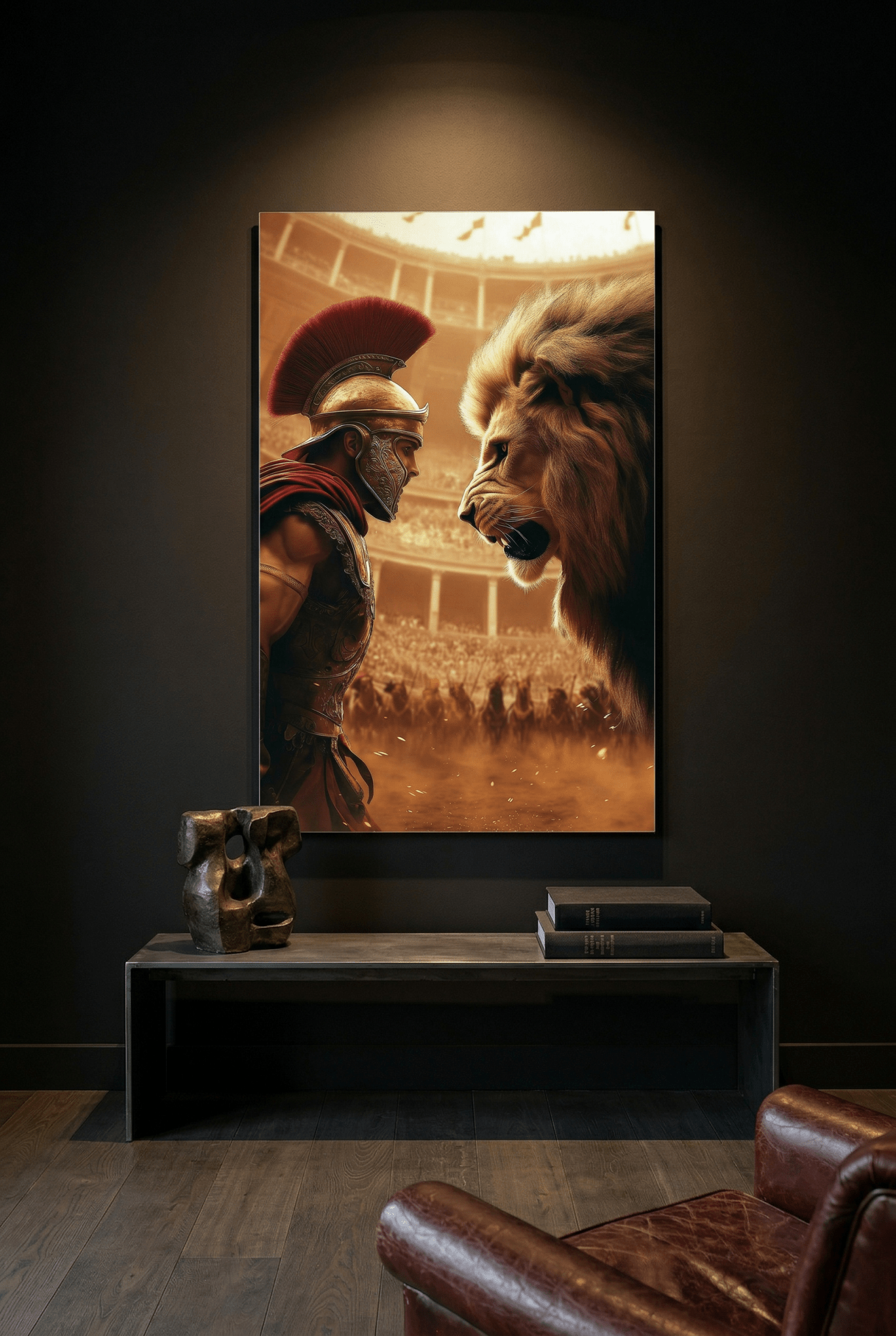 Der epische Showdown – Gladiator gegen Löwe in der Arena | Hochwertiges Wandbild für stilvolle Wohnzimmer - Dein Wandbild