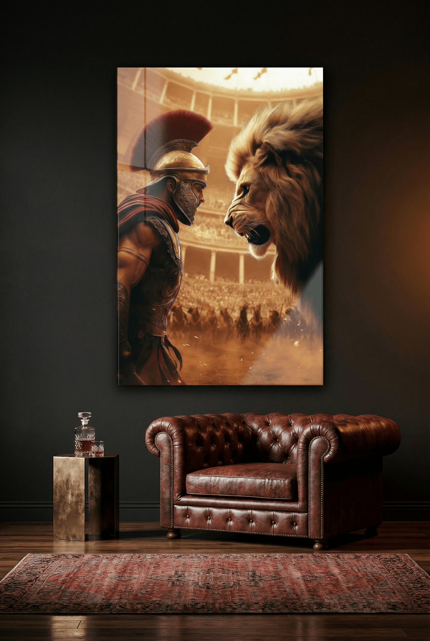 Der epische Showdown – Gladiator gegen Löwe in der Arena | Hochwertiges Wandbild für stilvolle Wohnzimmer - Dein Wandbild