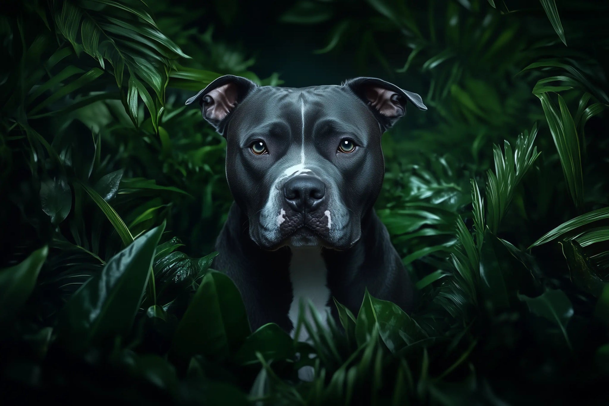 Der stille Wächter – Ein Pitbull im Dschungel als starkes Tierbild | Dein Wandbild - Dein Wandbild