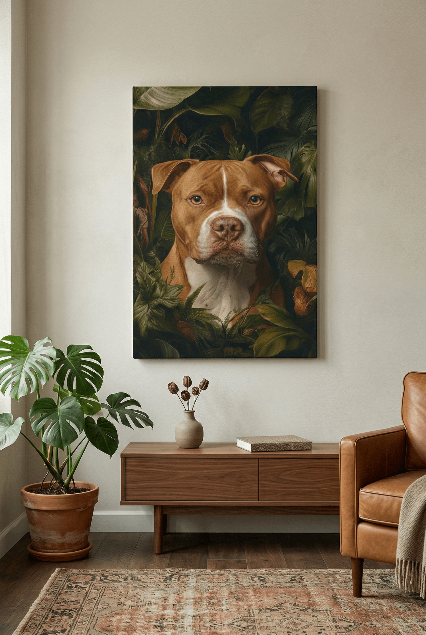 Die Seele des Dschungels – Pitbull inmitten tropischer Tiefe | Dein Wandbild - Dein Wandbild