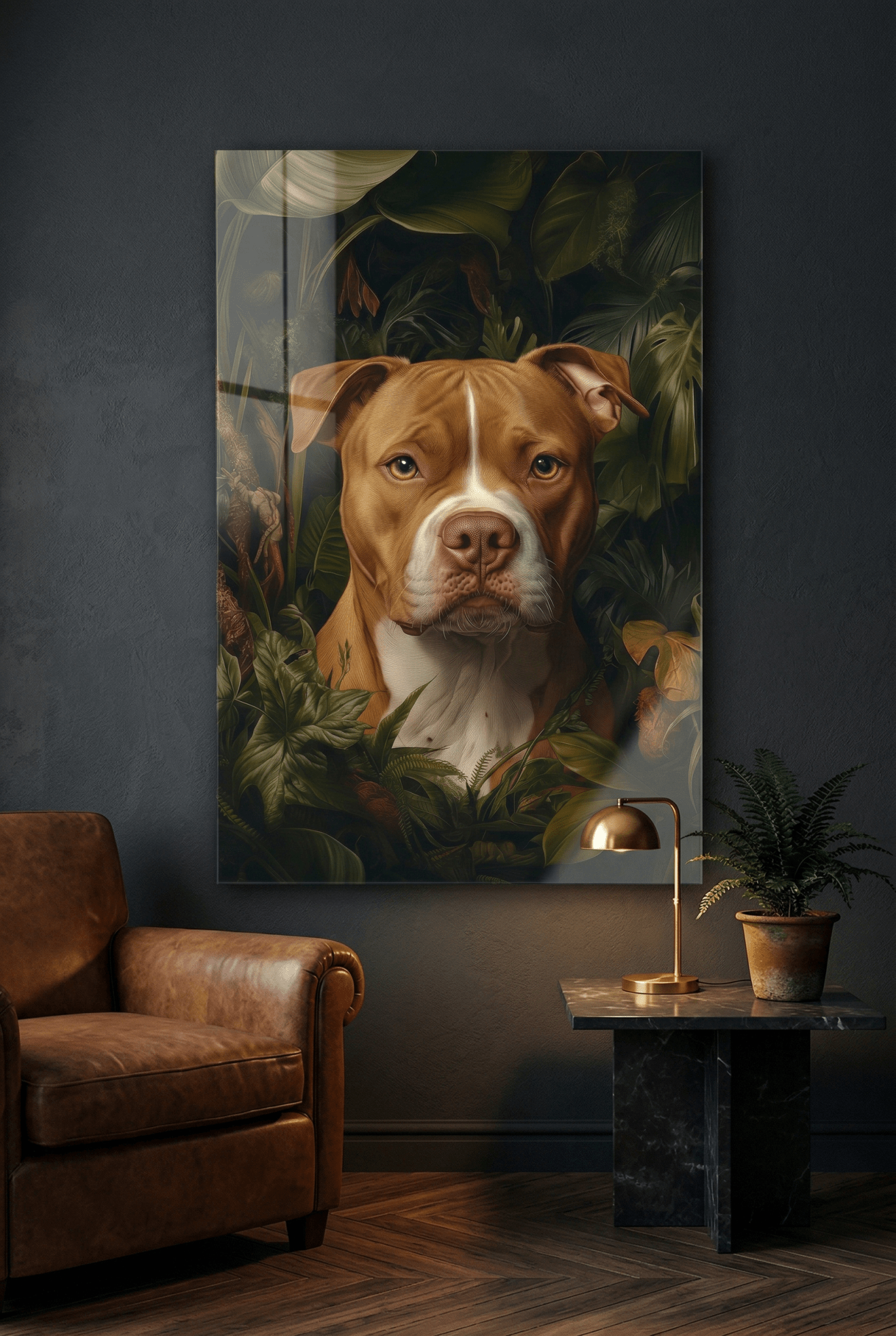 Die Seele des Dschungels – Pitbull inmitten tropischer Tiefe | Dein Wandbild - Dein Wandbild