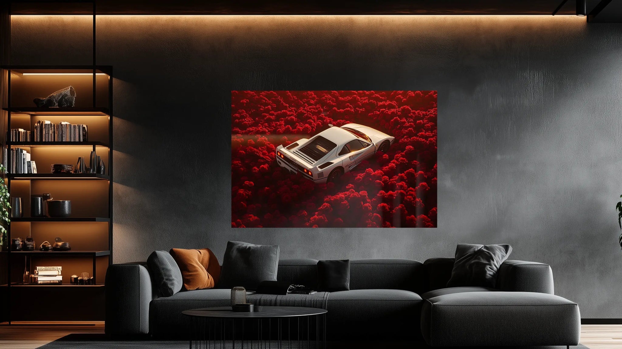 Eleganz in Rot – Ferrari Autobild mit floraler Leidenschaft | Dein Wandbild - Dein Wandbild