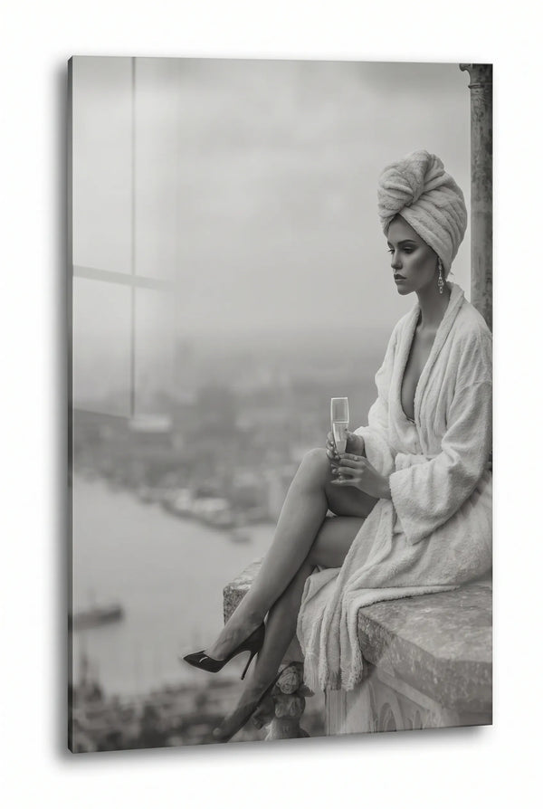 Frau Bademantel Skyline Fluss Monochrom Wandbild - Dein Wandbild