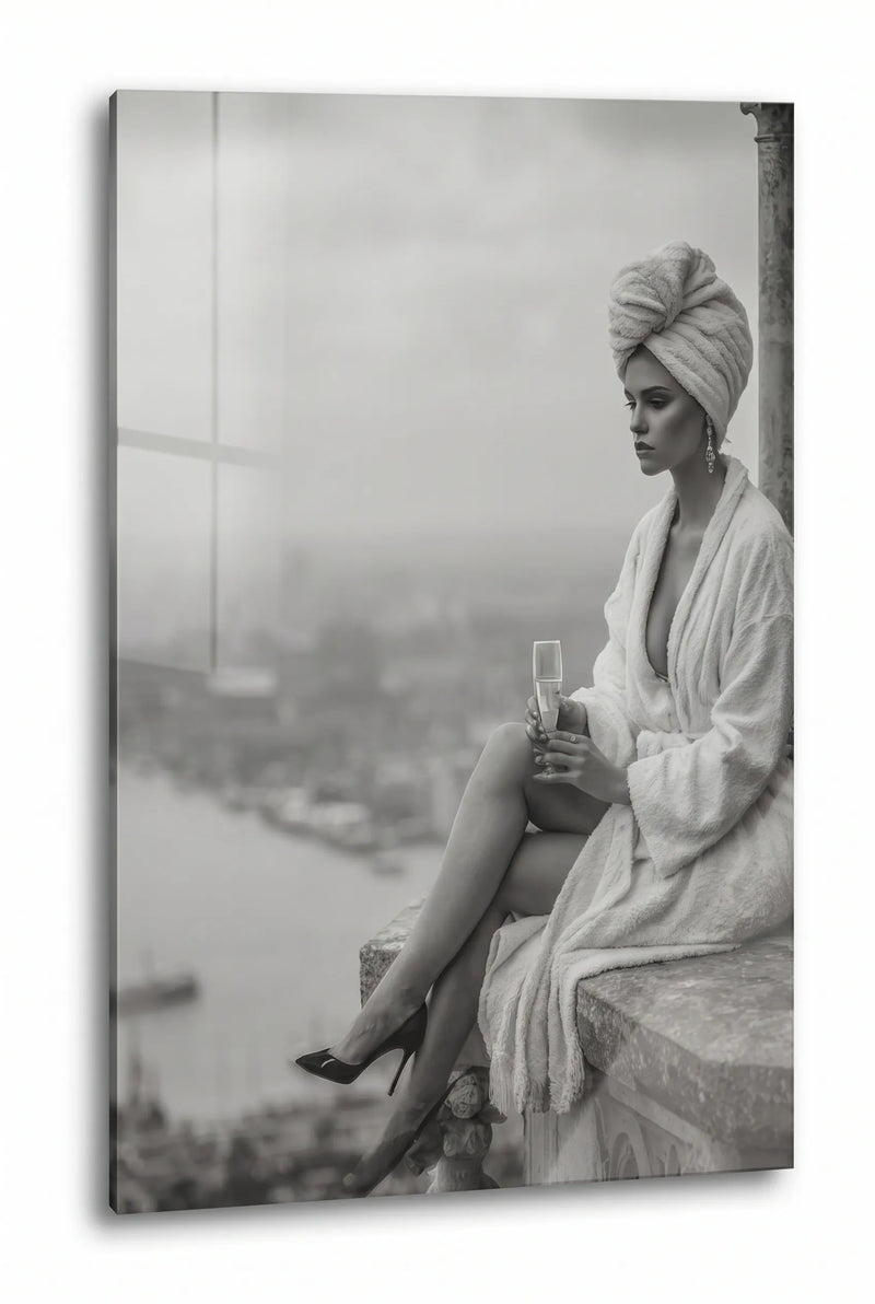 Frau Bademantel Skyline Fluss Monochrom Wandbild - Dein Wandbild