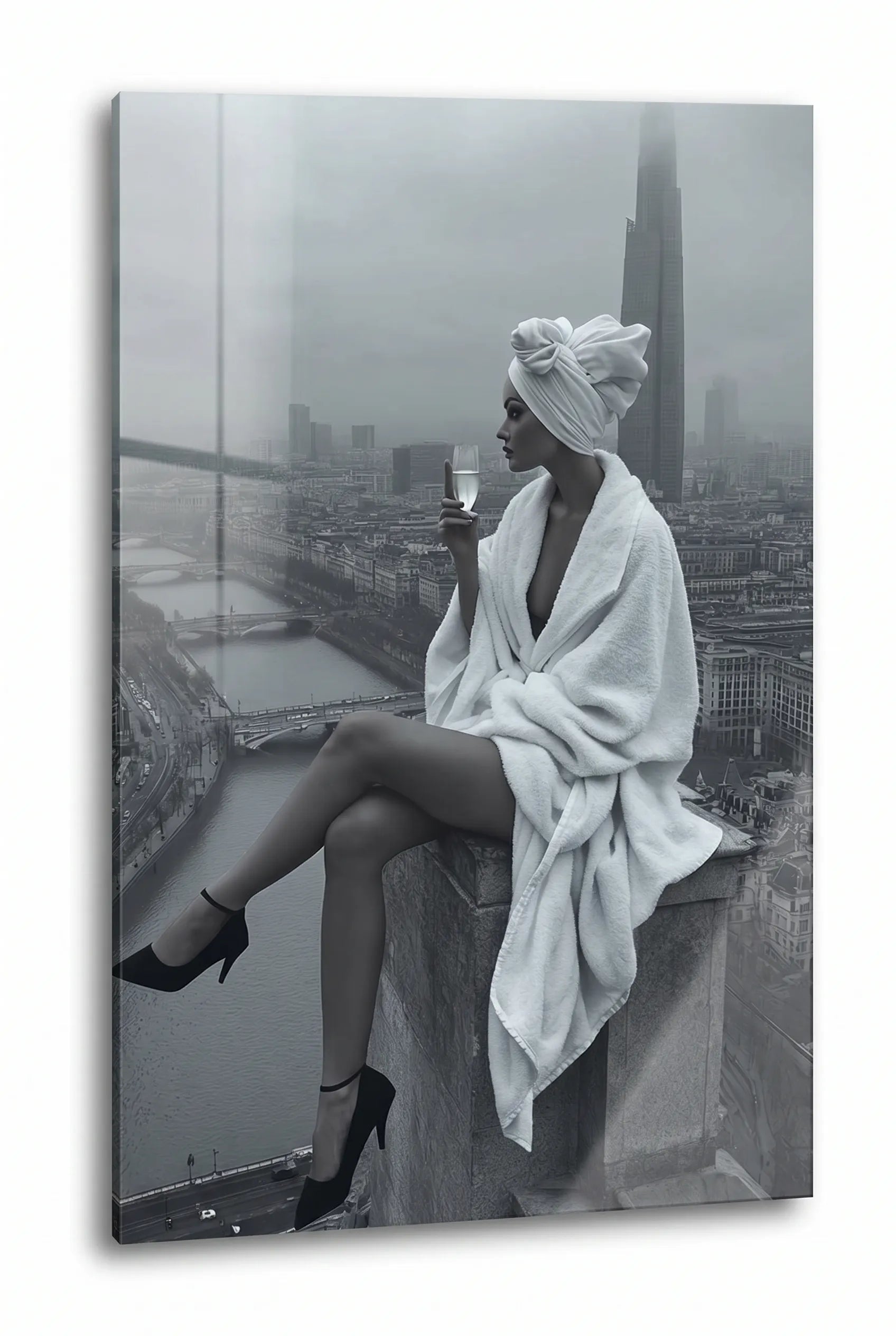 Frau im Bademantel Wolkenkratzer Skyline Wandbild - Dein Wandbild