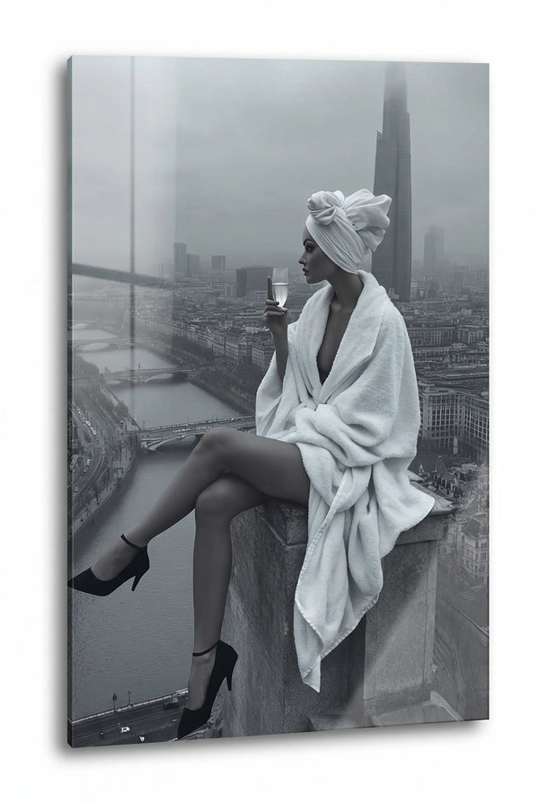 Frau im Bademantel Wolkenkratzer Skyline Wandbild - Dein Wandbild