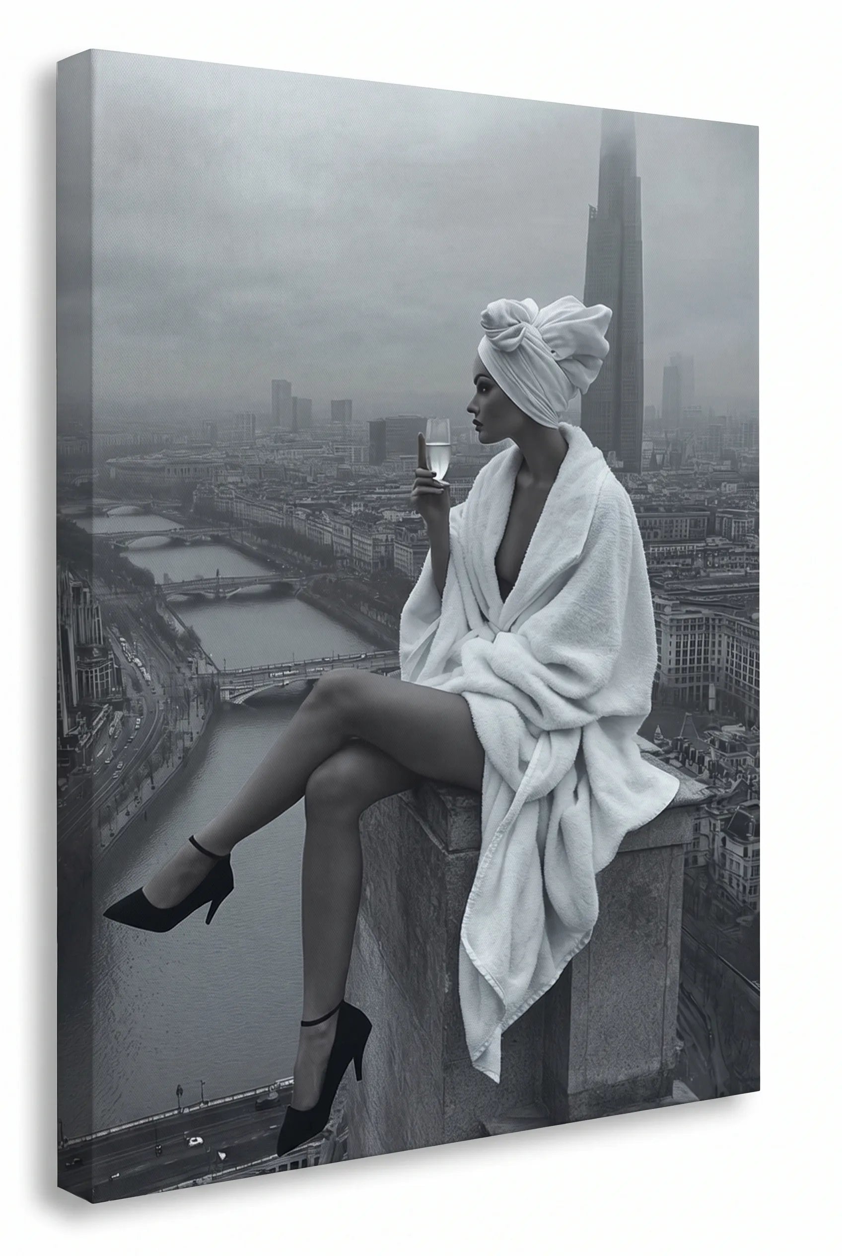 Frau im Bademantel Wolkenkratzer Skyline Wandbild - Dein Wandbild