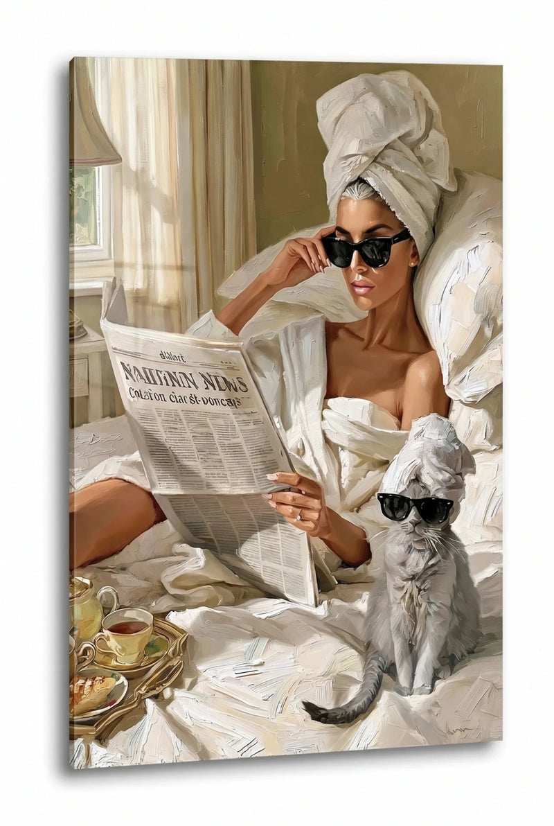 Frau mit Katze Sonnenbrille im Bett Ölgemälde Wandbild - Dein Wandbild