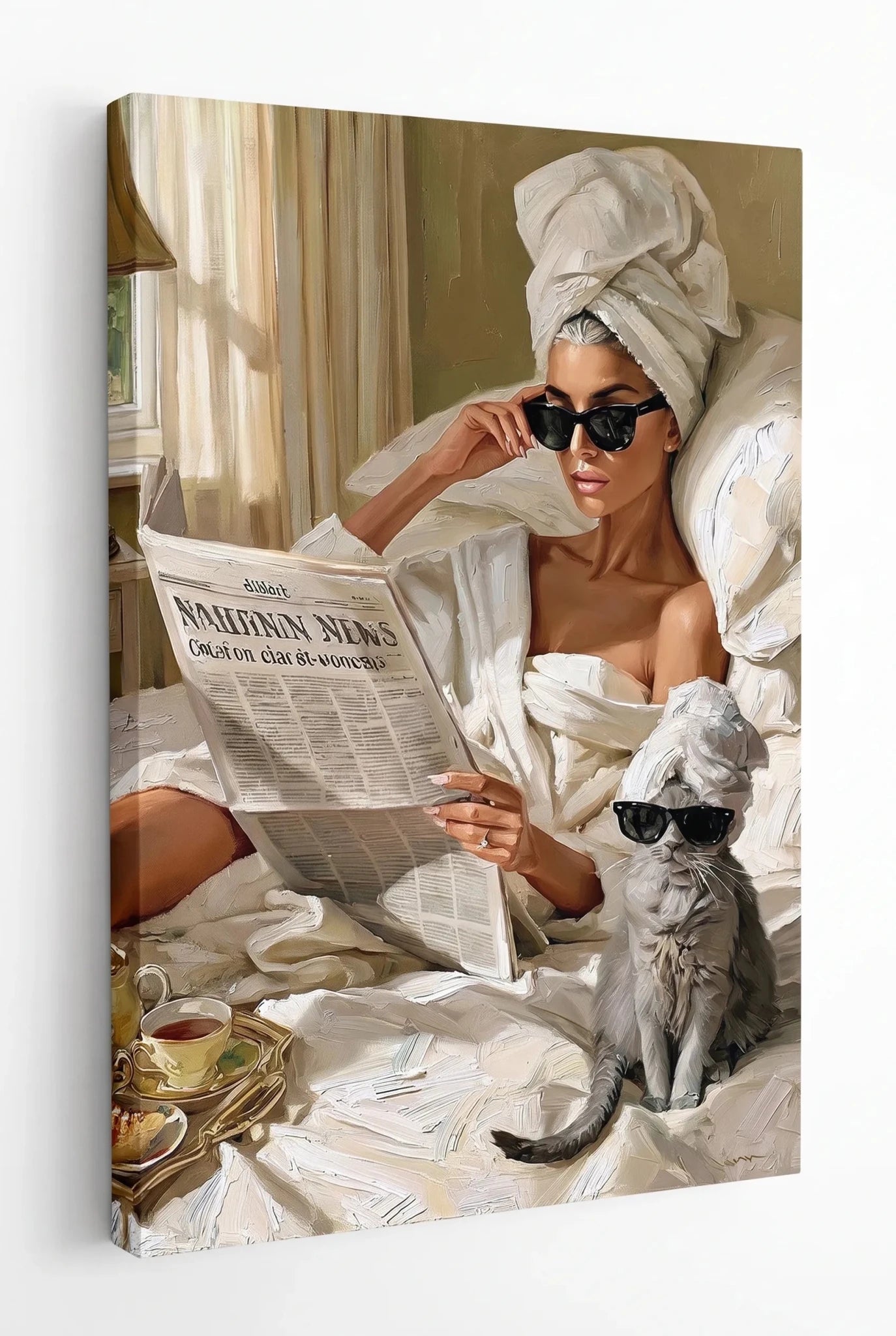 Frau mit Katze Sonnenbrille im Bett Ölgemälde Wandbild - Dein Wandbild