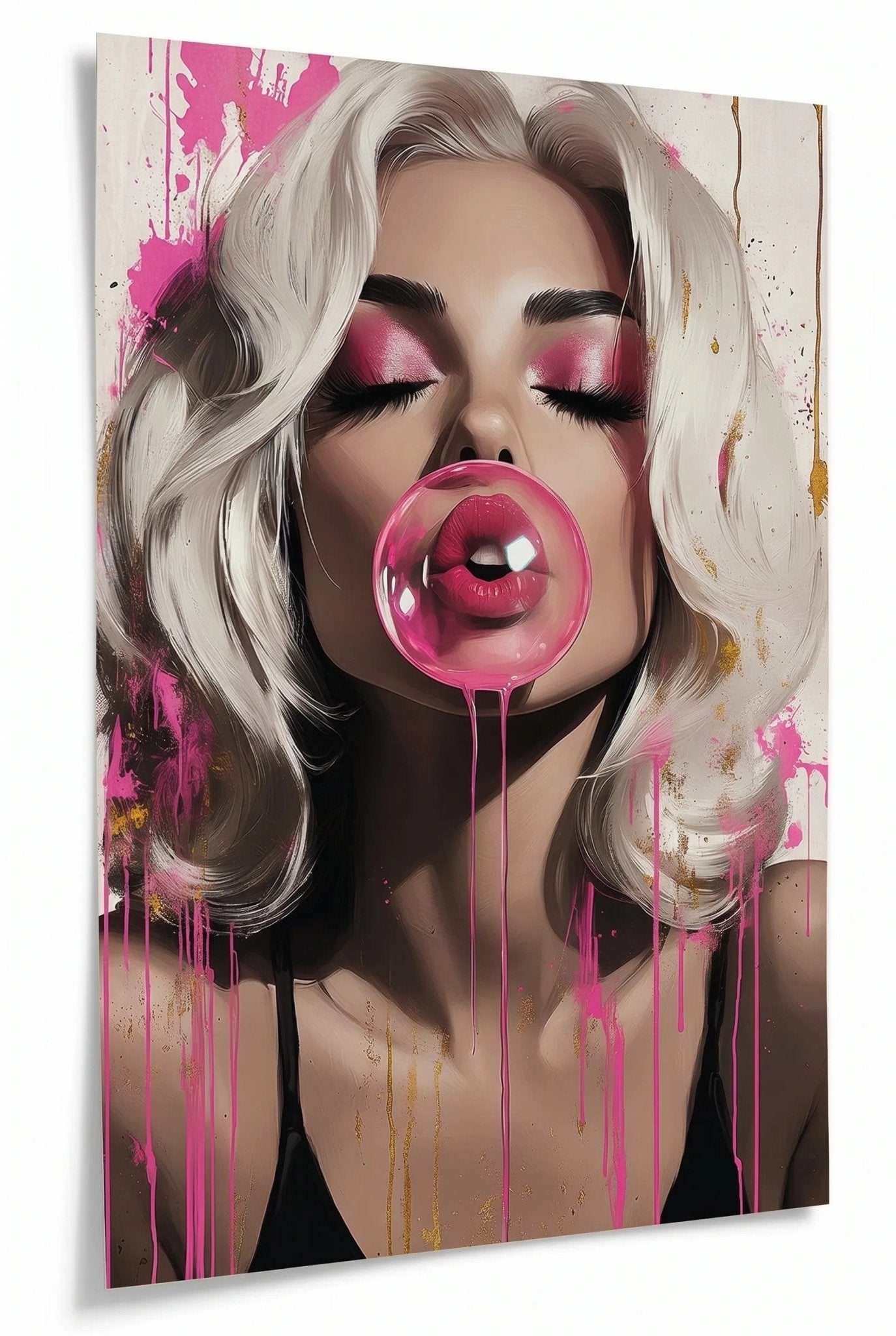 Frau mit Kaugummiblase Pop Art Pink Wandbild - Dein Wandbild