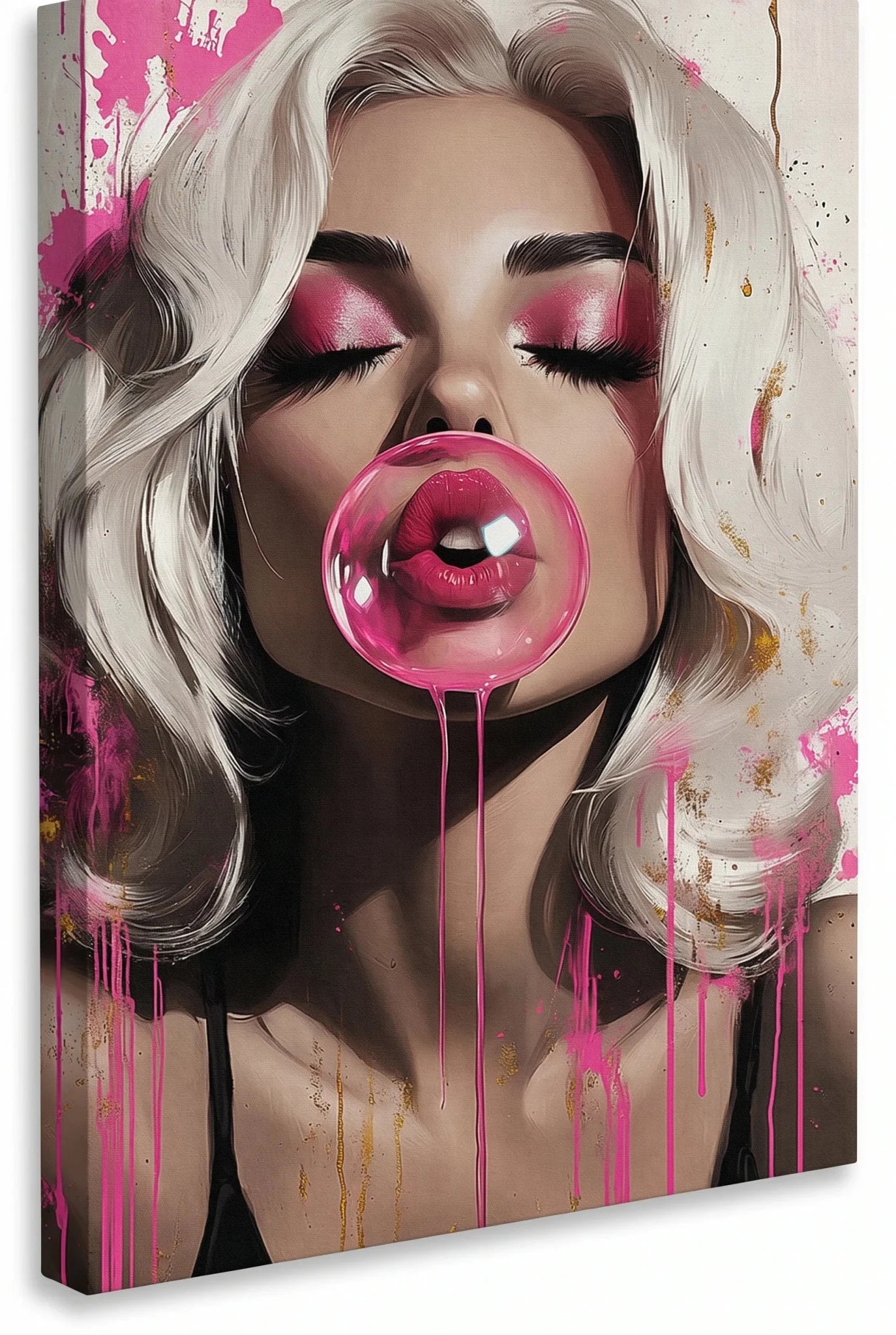 Frau mit Kaugummiblase Pop Art Pink Wandbild - Dein Wandbild