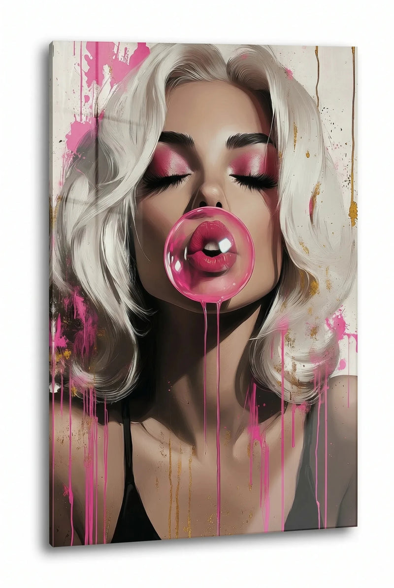 Frau mit Kaugummiblase Pop Art Pink Wandbild - Dein Wandbild