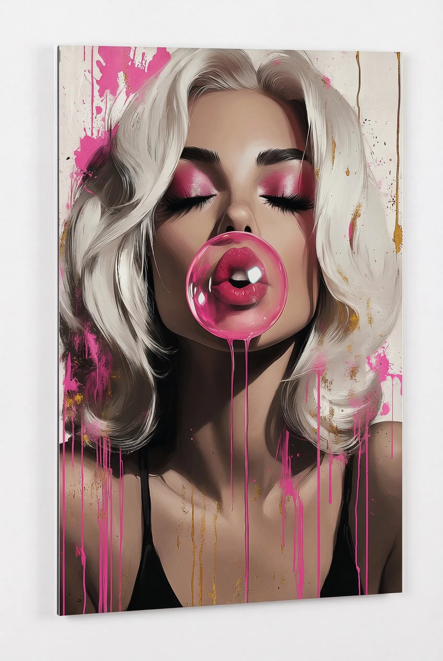 Frau mit Kaugummiblase Pop Art Pink Wandbild - Dein Wandbild