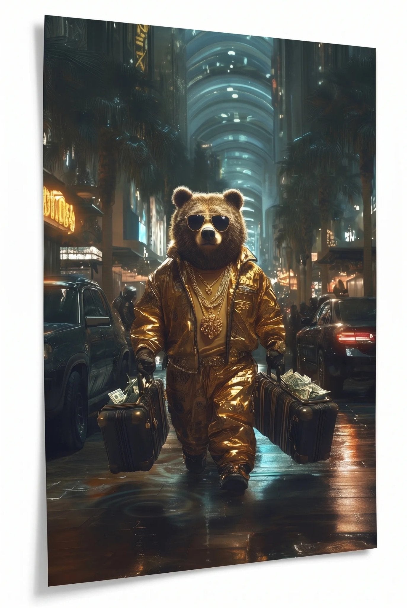 G Bear – Geldkoffer in goldener Nachtstadt - Dein Wandbild