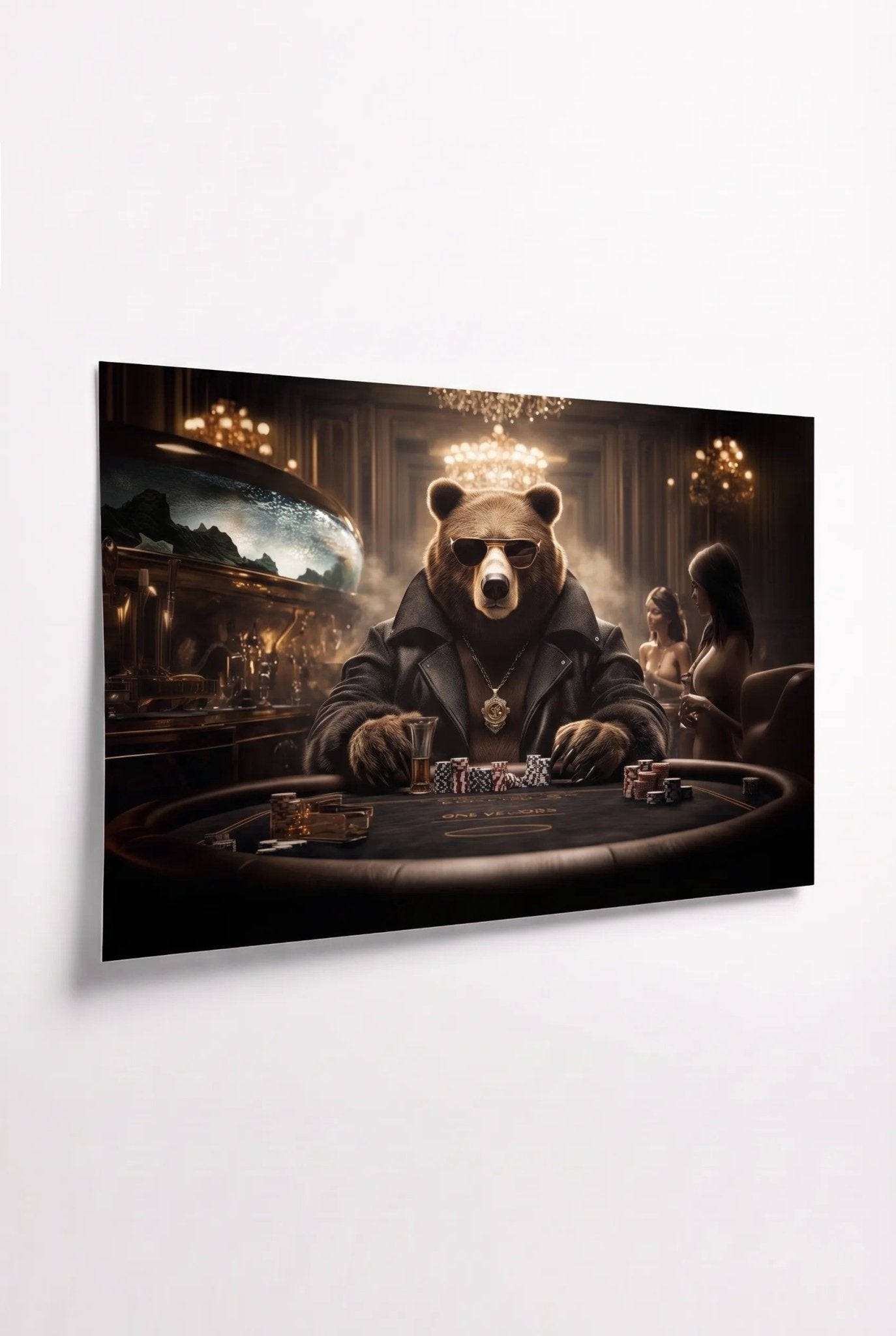 G Bear – Lederjacke am Pokertisch mit Kronleuchter - Dein Wandbild