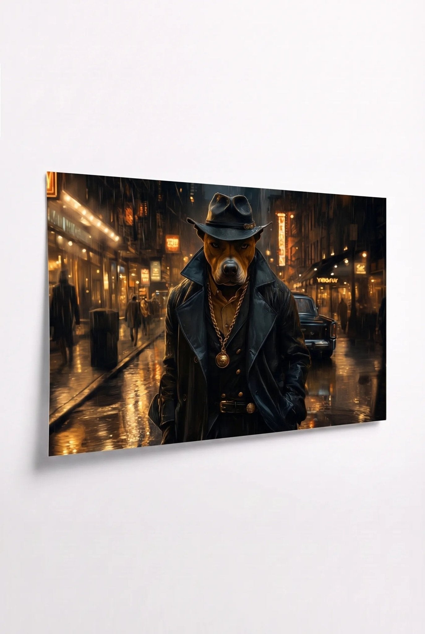 G Dog – Ledermantel & Goldkette in Neonstadt - Dein Wandbild
