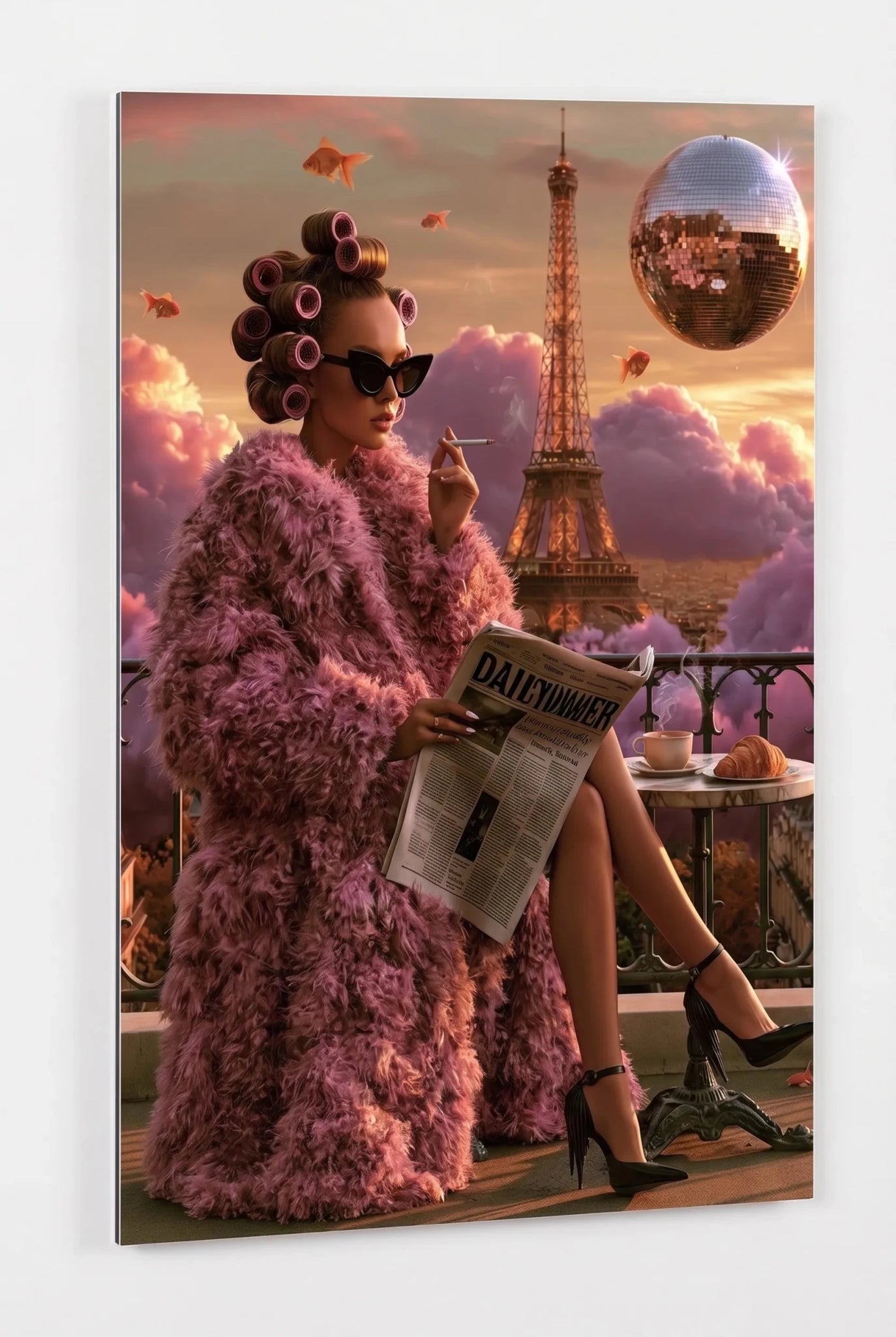 Glamouröse Frau mit Lockenwicklern vor Eiffelturm Wandbild - Dein Wandbild