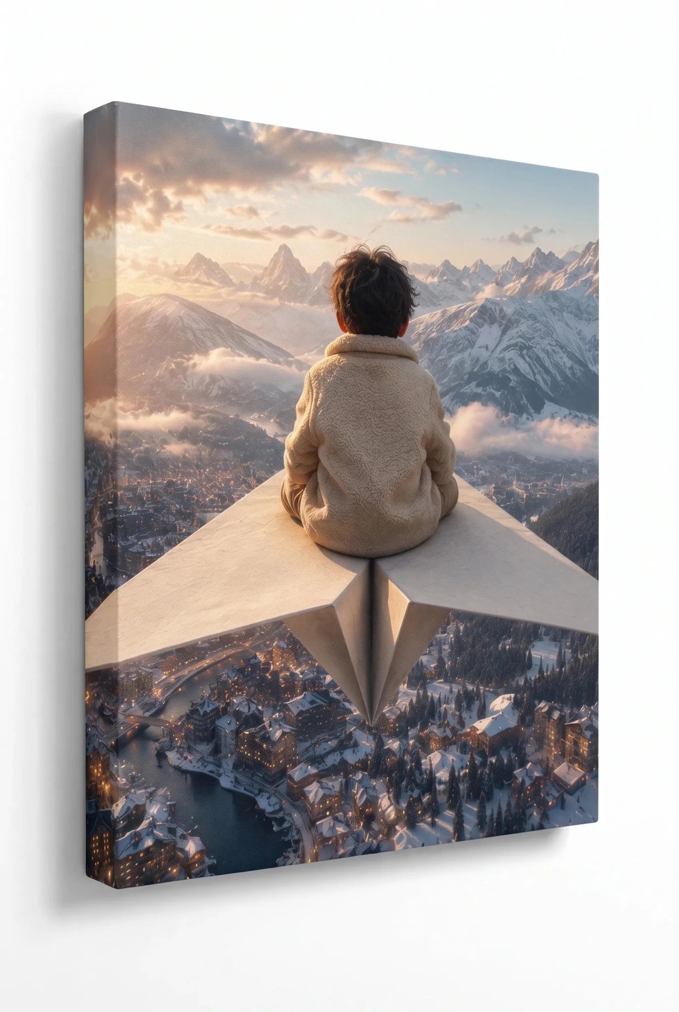 Kind auf Papierflieger über Alpendorf Schnee Wandbild - Dein Wandbild