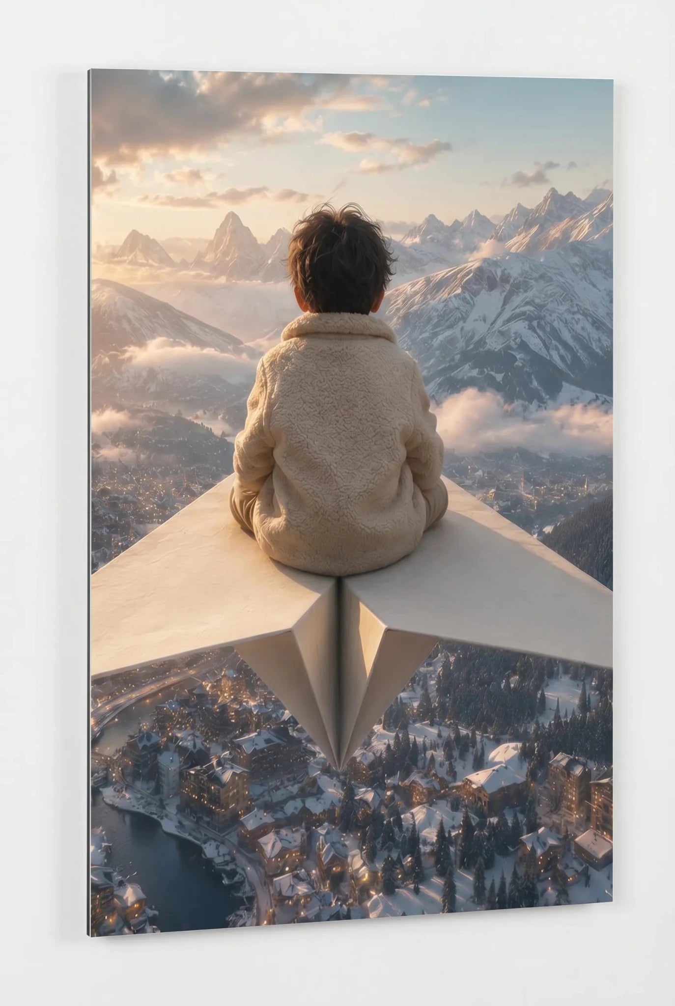 Kind auf Papierflieger über Alpendorf Schnee Wandbild - Dein Wandbild